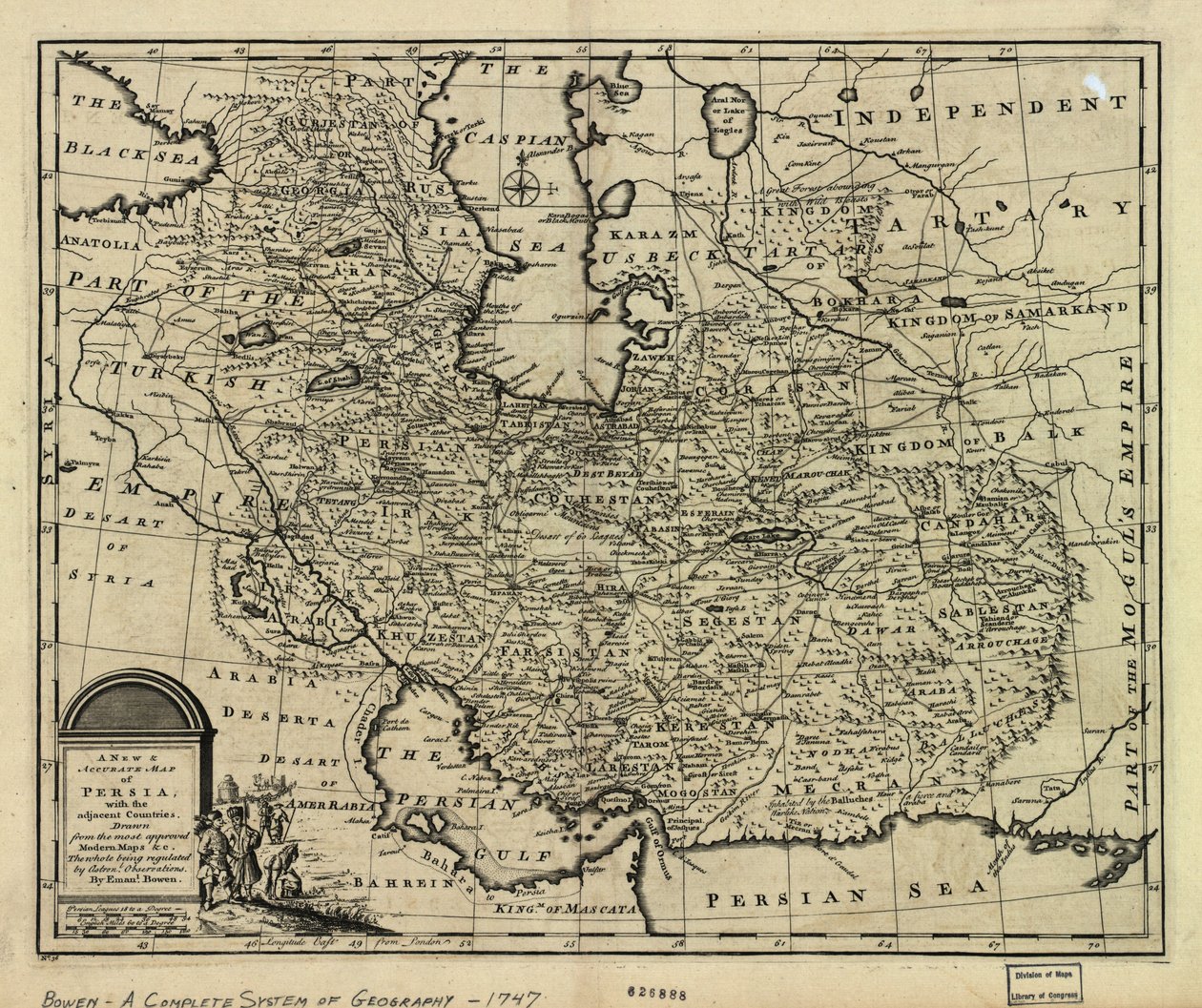 Persian valtakunnan kartta vuonna 1747 Afsharid -dynastian aikana tekijältä Emanuel Bowen