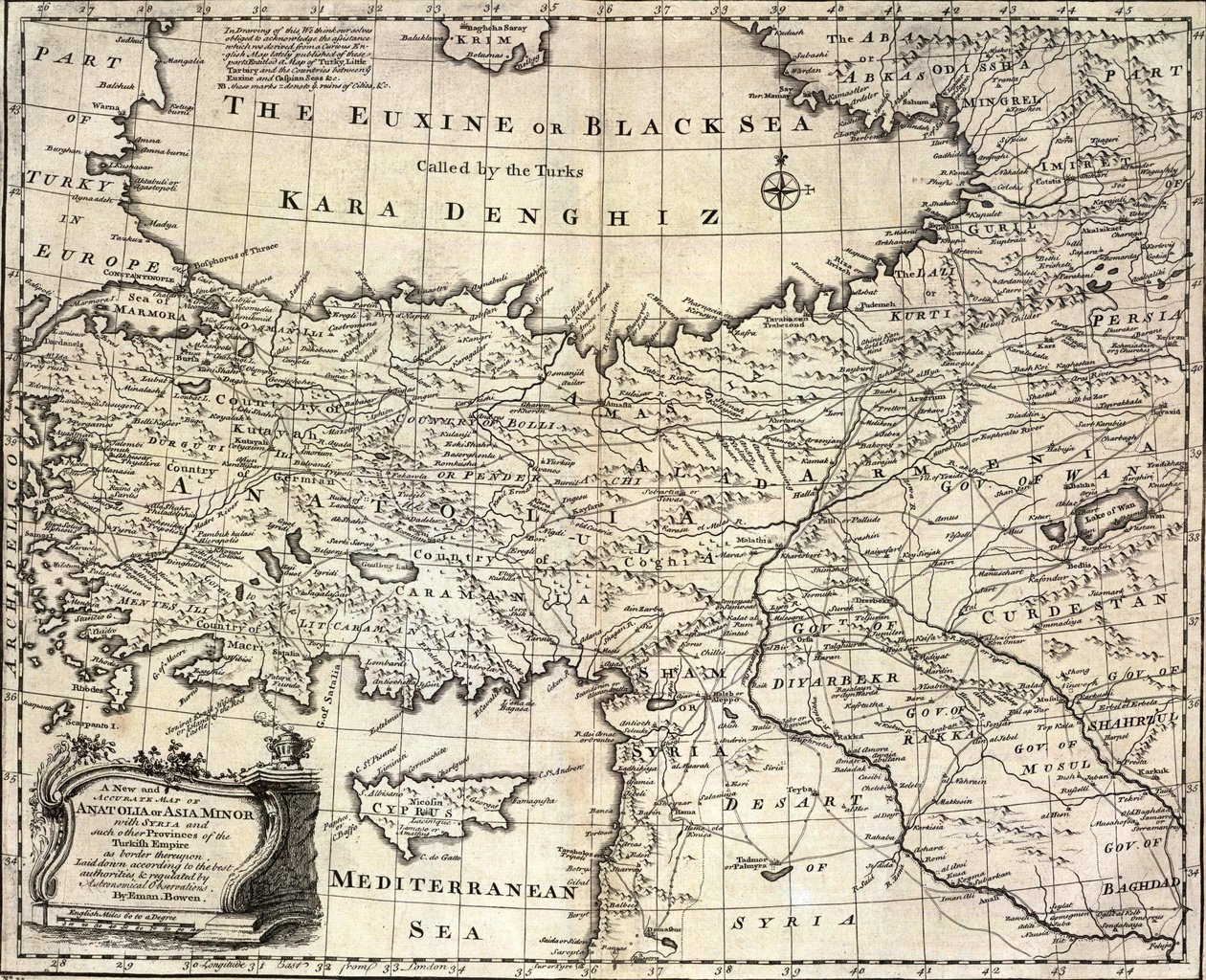 Anatoliasta tai Vähä -Aasiasta, Syyrian ja muiden Turkin valtakunnan provinssien rajana. tekijältä Emanuel Bowen