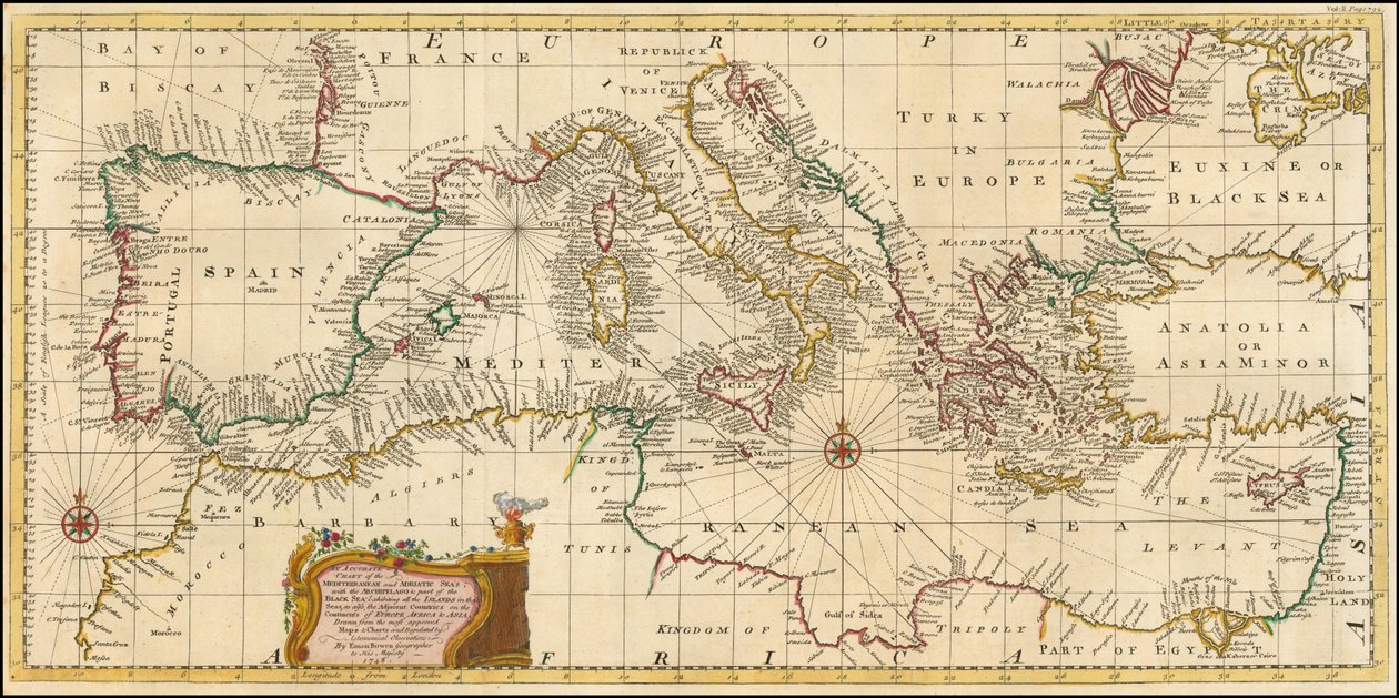 1748 kartta - Välimeren ja Adrianmeren tarkka kartta; saaristo ja osa Mustasta merestä mukaan lukien tekijältä Emanuel Bowen