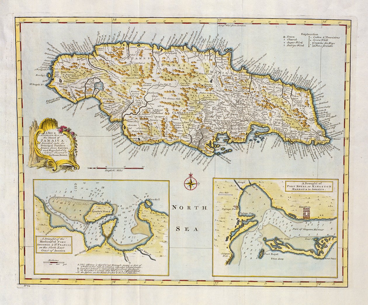 Jamaikan saaren kartta, jaettu sen pääseurakuntiin n. 1760 (käsinvärinen kaiverrus) tekijältä Emanuel Bowen