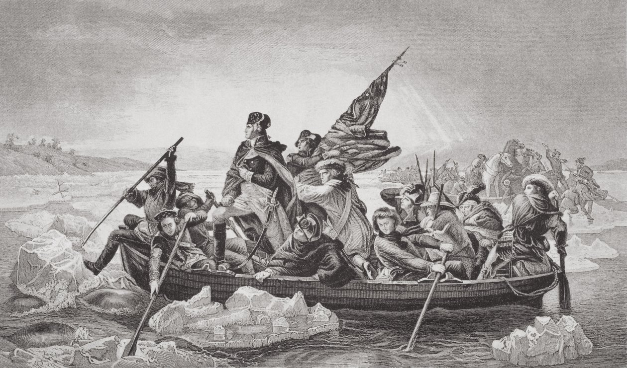 Washington ylittämässä Delawaren lähellä Trentonia, New Jerseyssä, jouluna 1776, osasta "Illustrations of English and Scottish History" osa II tekijältä Emanuel Gottlieb Leutze
