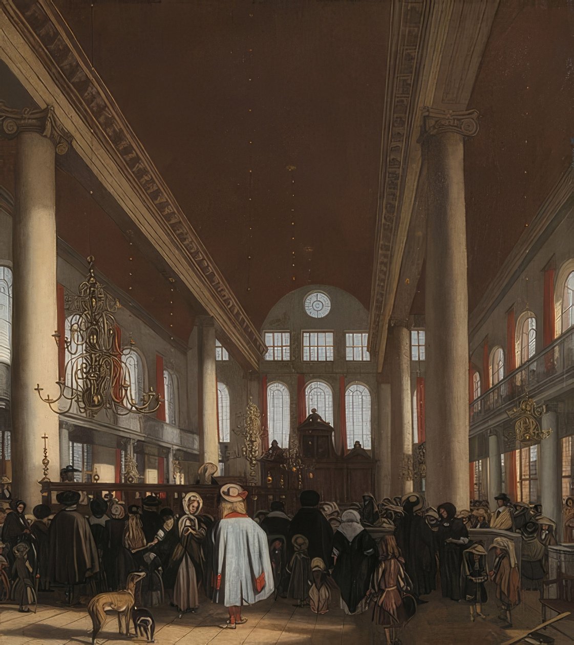 Amsterdamin portugalilaisen synagogan sisätilat. 1680 tekijältä Emanuel de Witte