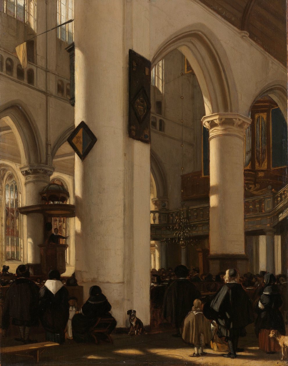 Protestanttisen goottilaisen kirkon sisustus jumalanpalveluksen aikana Protestanttisen goottilaisen kirkon sisustus aiheilla Amsterdamin Oude Kerkistä tekijältä Emanuel de Witte