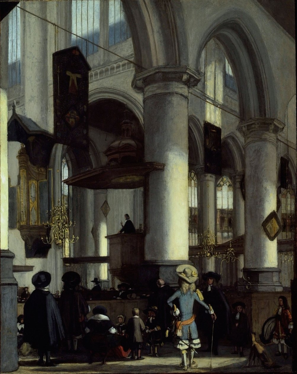 Oude Kerkin sisätilat, Delft, noin 1680 (öljy paneelille). tekijältä Emanuel de Witte