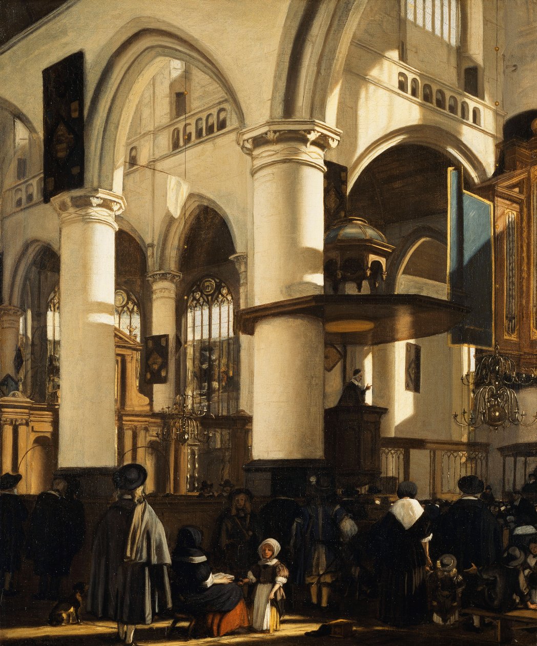 Delftin vanha kirkko, jossa kirkossa kävijät kuuntelevat saarnaa, 1669 tekijältä Emanuel de Witte