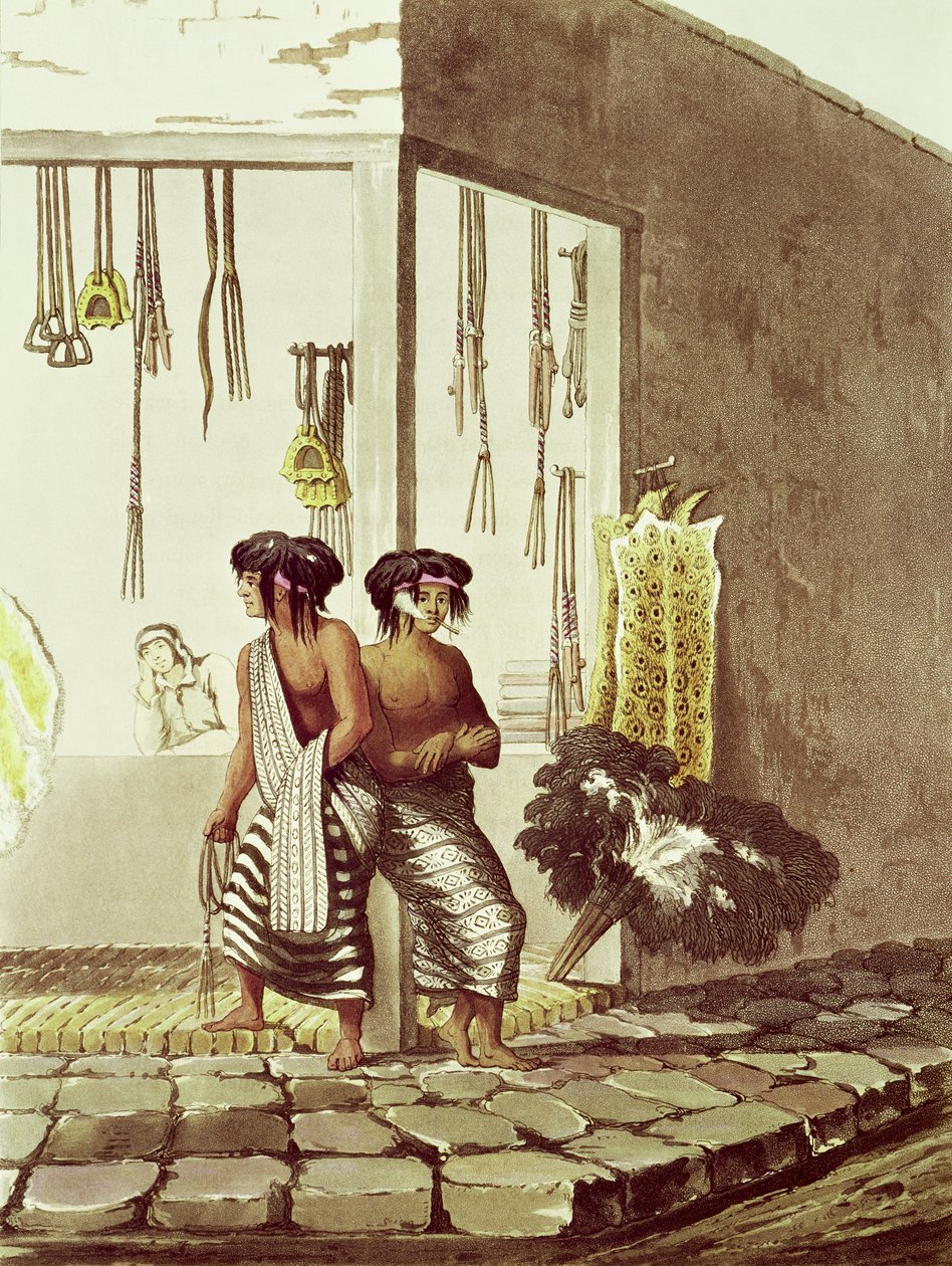 Pampa-intiaanit kaupassa Buenos Airesin intialaisilla markkinoilla, teoksesta "Picturesque Illustrations of Buenos Aires and Montevideo", kaiverrettu J. Bluck (fl.1791-1819) 1820 tekijältä Emeric Essex Vidal