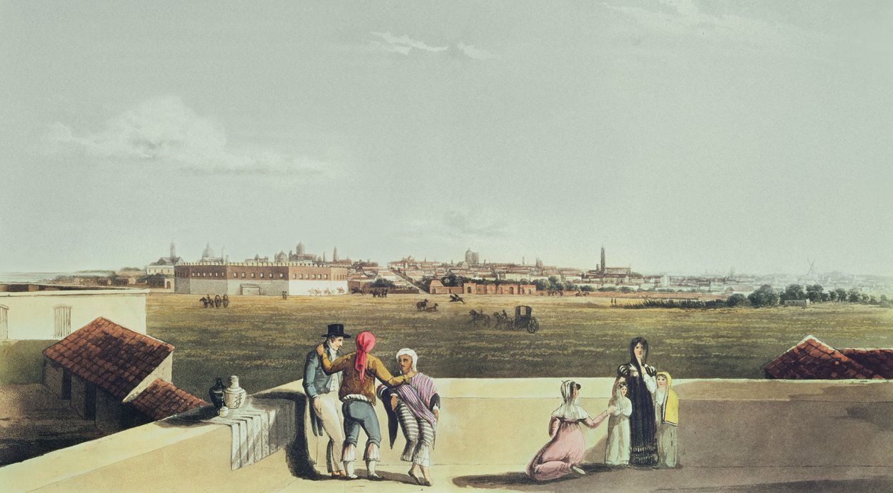 Yleisnäkymä Buenos Airesista Plaza del Torosilta, maalauksellisista kuvista Buenos Airesista ja Montevideosta, 1820 tekijältä Emeric Essex after Vidal