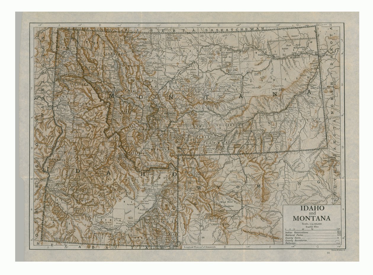Idahon ja Montanan kartta, USA, 1910-luku. tekijältä Emery Walker