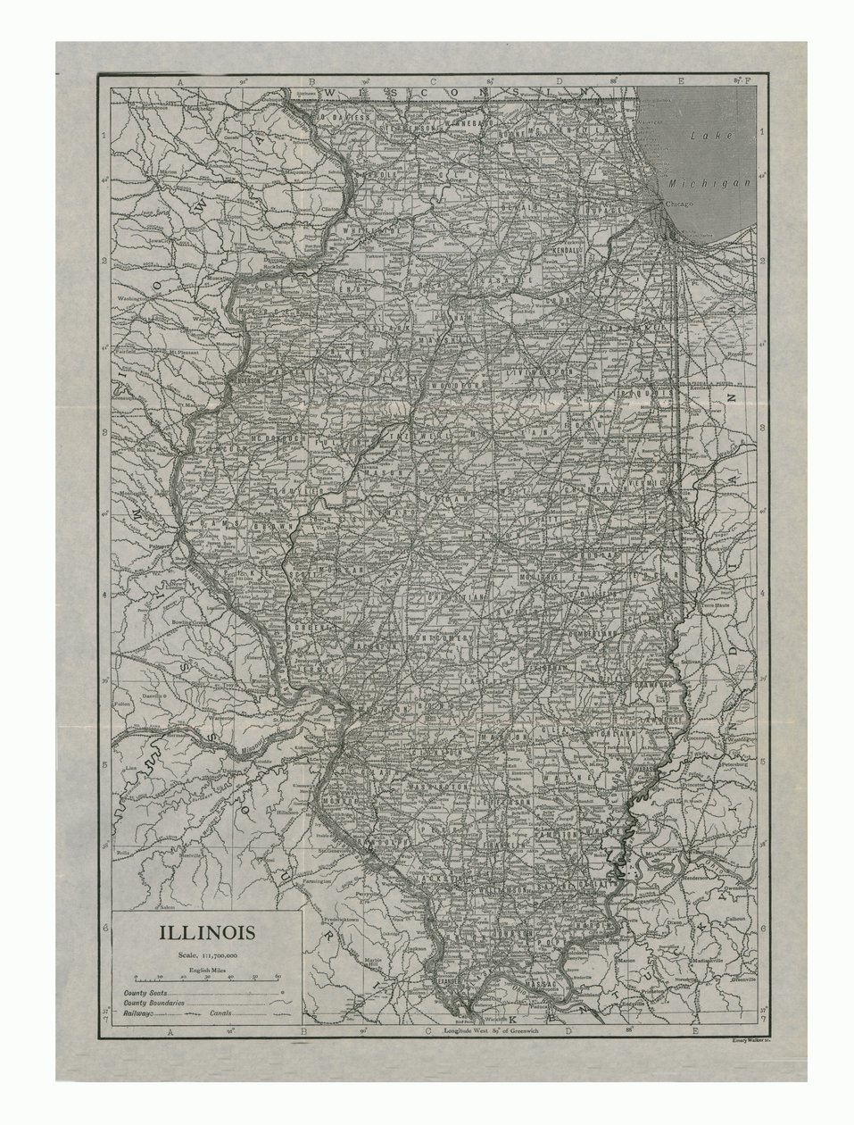 Illinoisin kartta, USA, 1910-luku. tekijältä Emery Walker