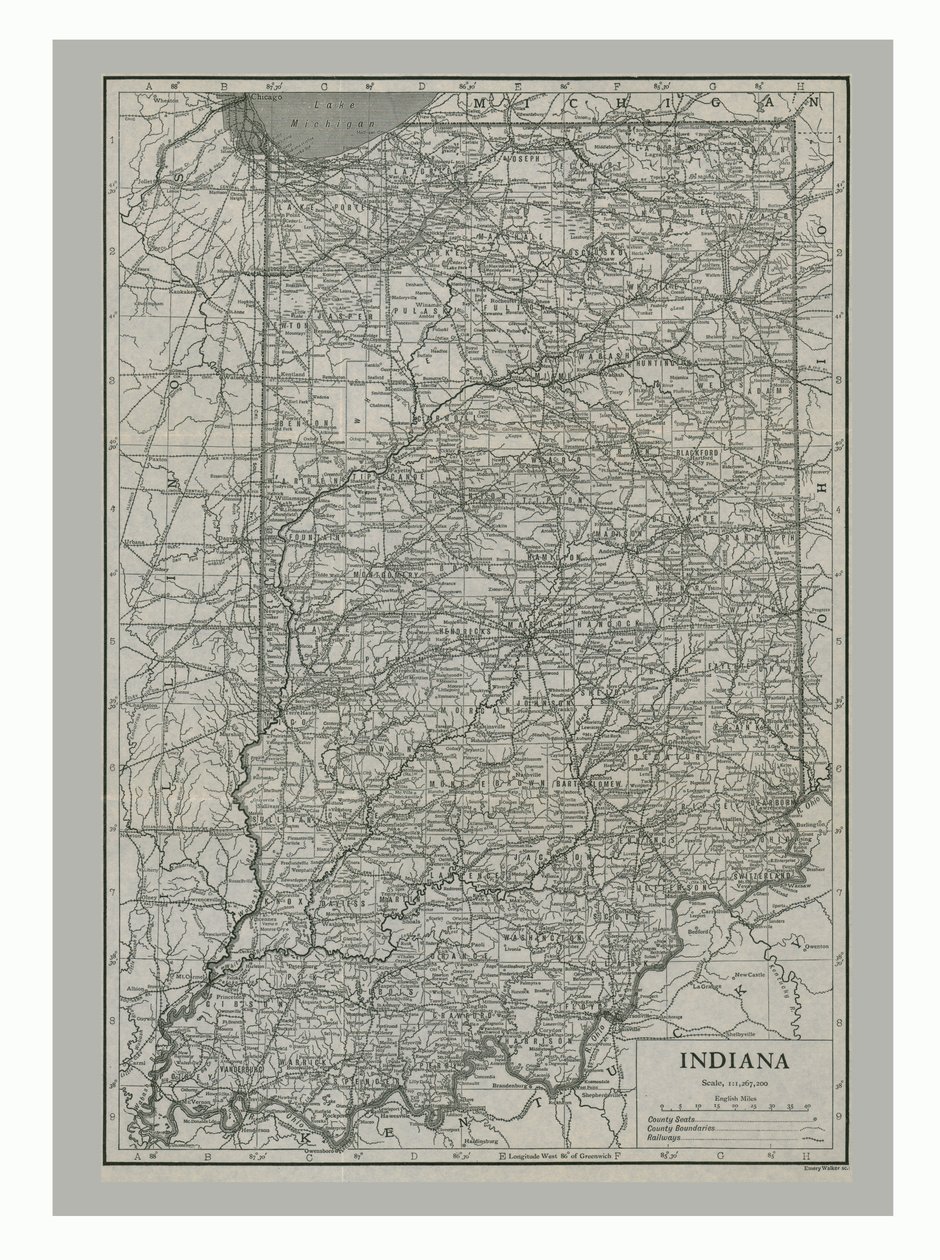 Indianan kartta, USA, 1900-luku tekijältä Emery Walker