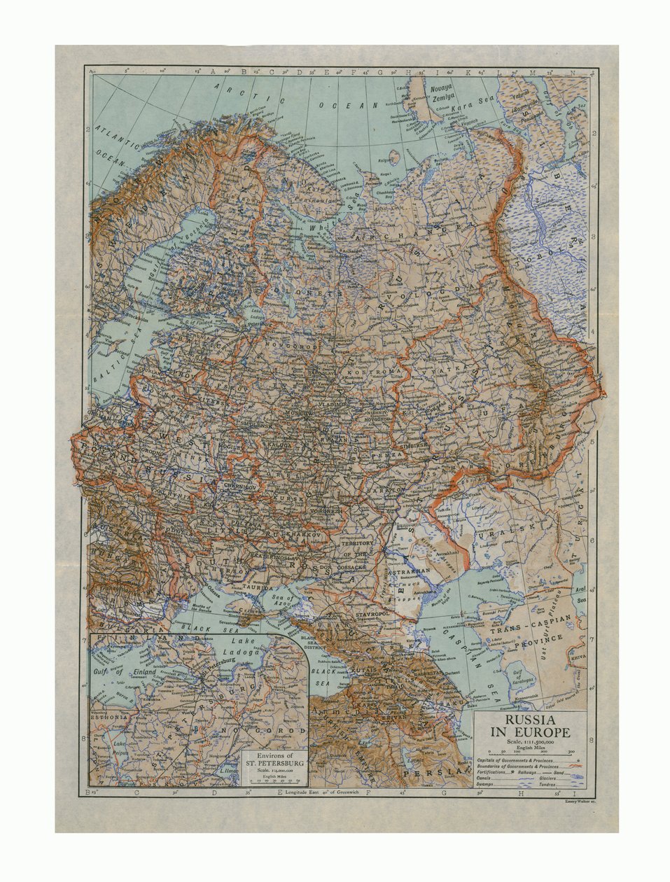 Venäjän kartta Euroopassa, 1910-luku. tekijältä Emery Walker