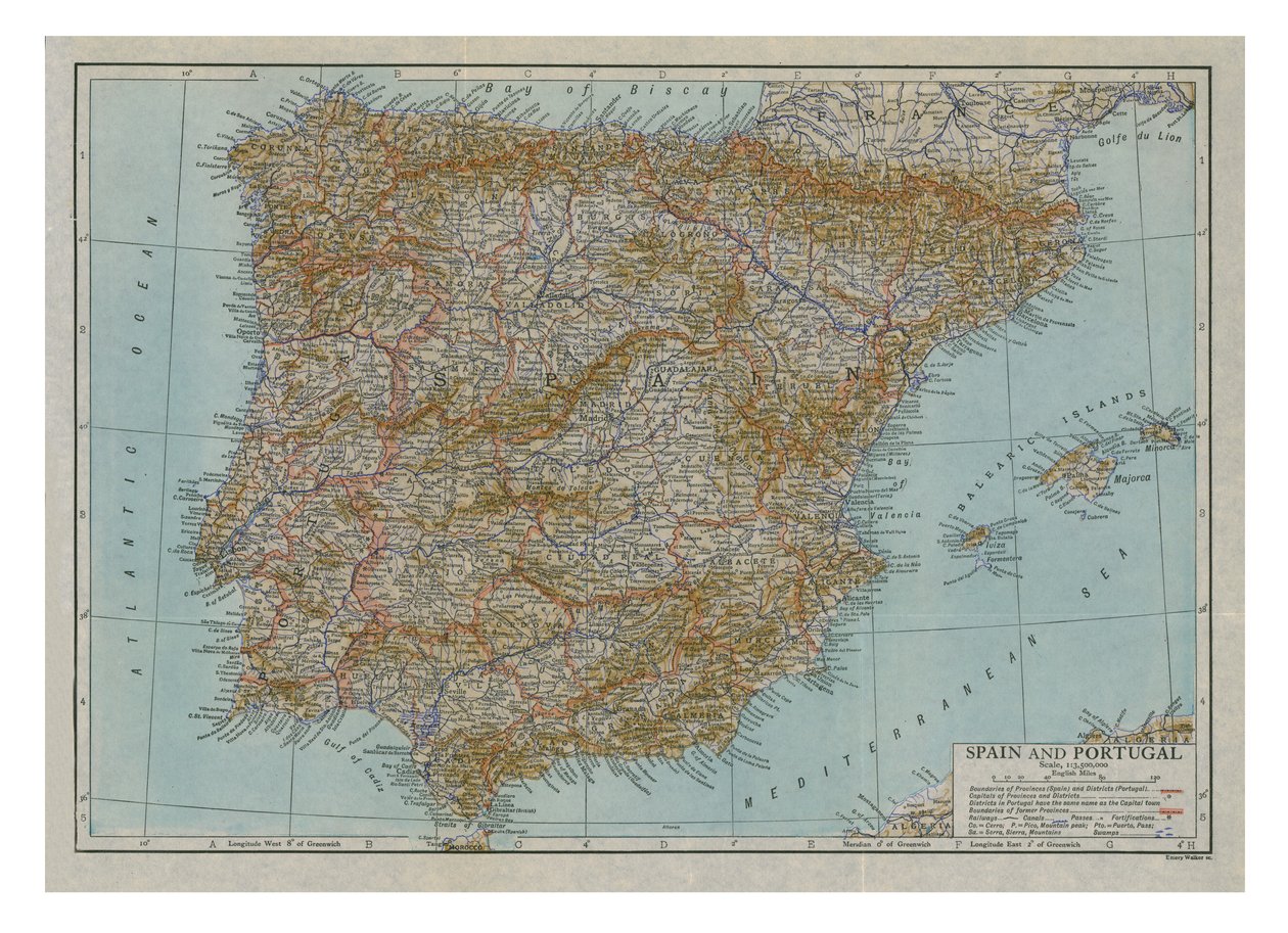 Espanjan ja Portugalin kartta, c1910. tekijältä Emery Walker