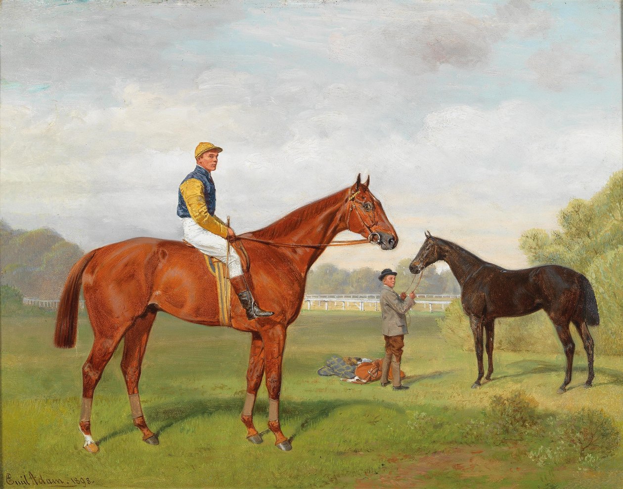 Arulo und Komamasszony, zwei siegreiche Rennpferde des Freiherrn Hermann von Konigswarter mit dem Jockey Robert Adamsn Englanti: Arulo ja Komamasszony, kaksi voittoisaa kilpahevosta paroni Hermann von Konigswarterin kartanolta ja kuski Robert Adamsn tekijältä Emil Adam