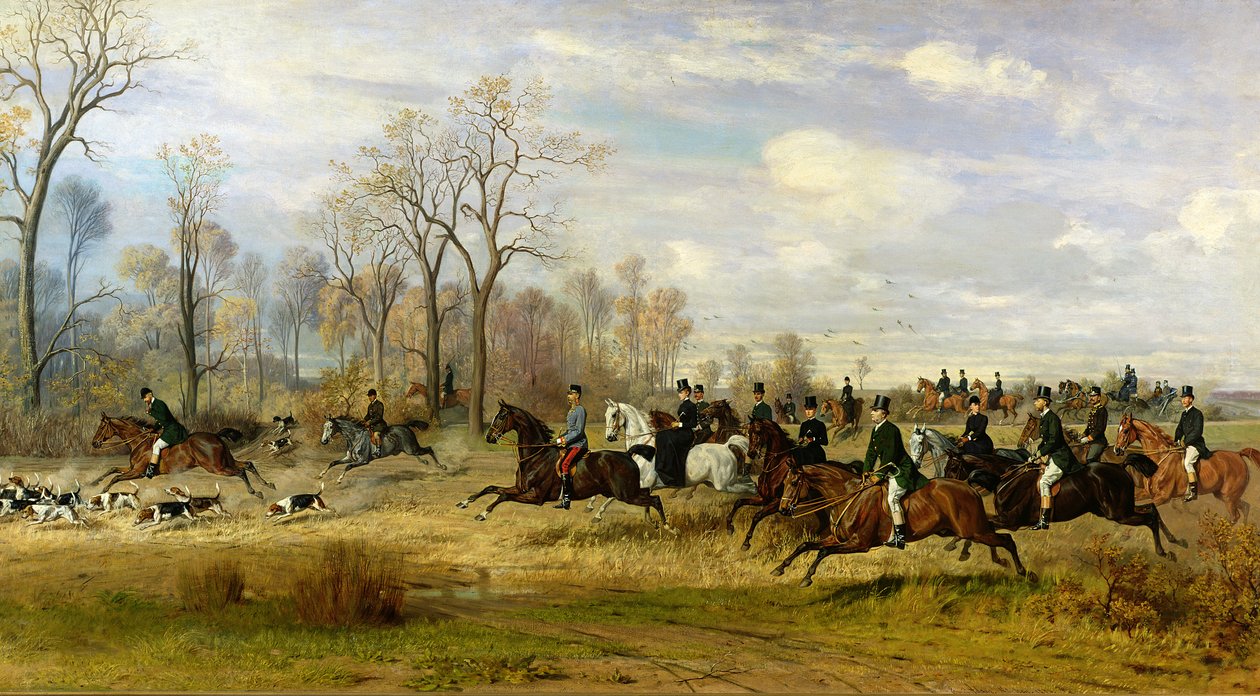 Itävallan keisari Franz Joseph I metsästämässä koiria kreivitär Larischin kanssa Sleesiassa, 1882 tekijältä Emil Adam
