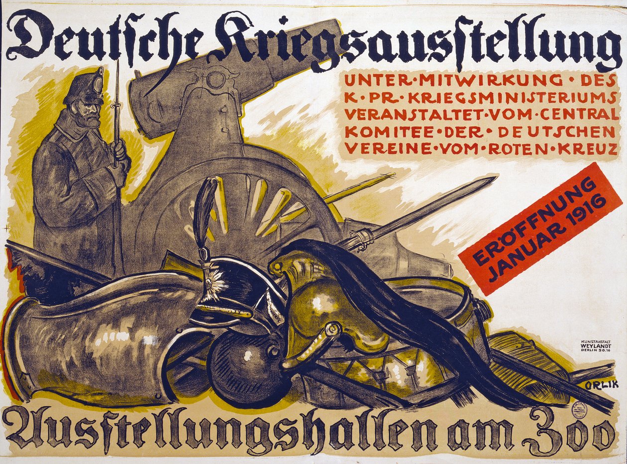 Juliste, joka mainostaa Punaisen Ristin Deutsche Kriegs Ausstellungin sponsoroimaa sotanäyttelyä, tammikuu 1916, 1916 tekijältä Emil Orlik