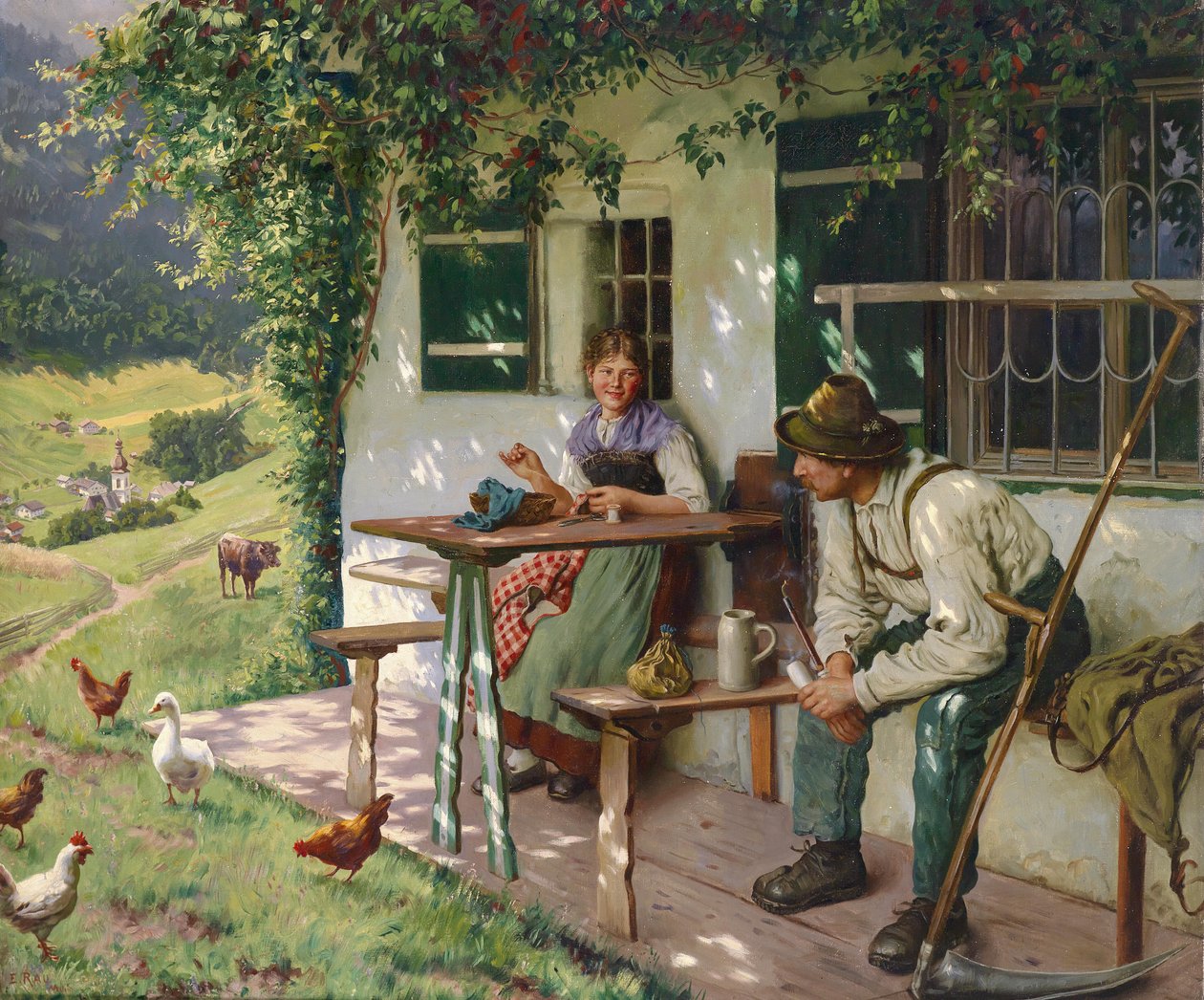 Junges Paar vor einem Bauernhaus in Oberbayern, signiert E.Rau, München, Öl auf Leinwand, 110 x 132,5 cm tekijältä Emil Rau
