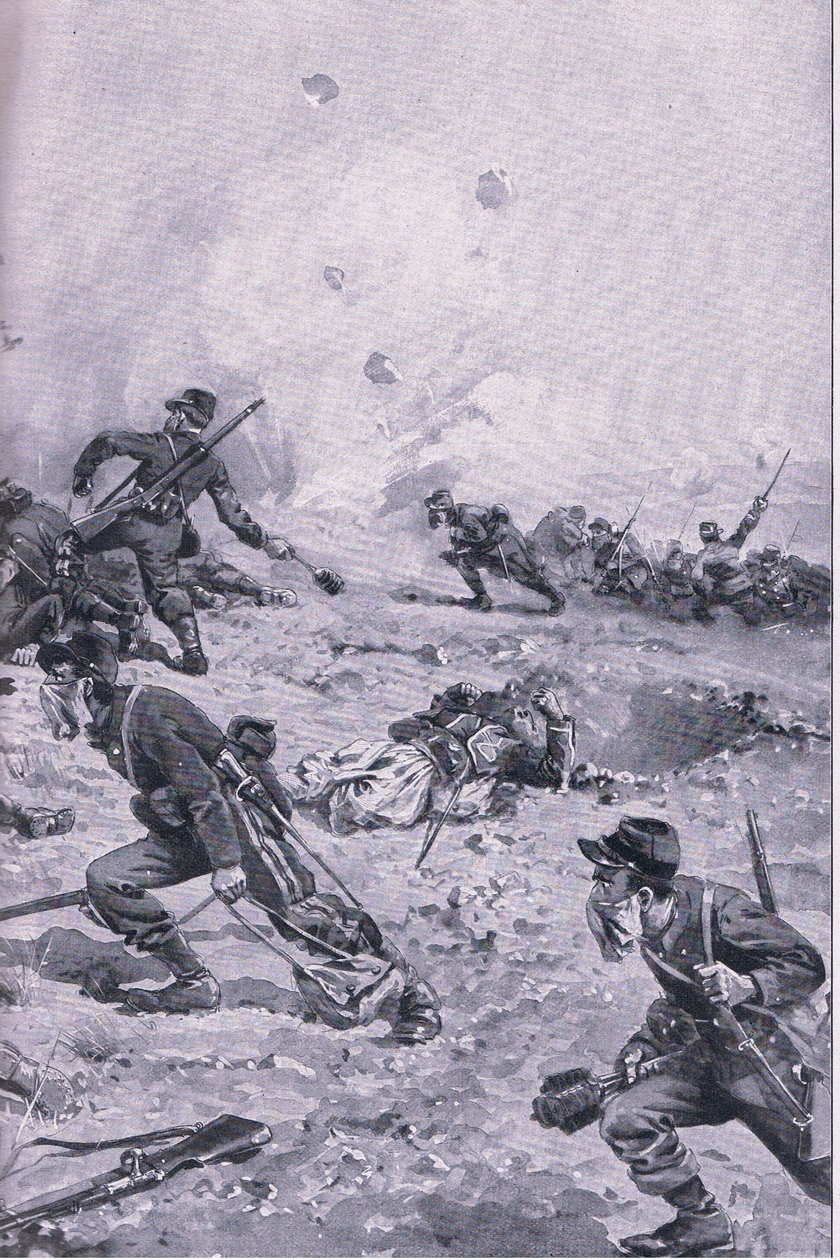 Ranskalainen käsikranaattihyökkäys Les Spangesissa, The Illustrated History of the World War 1914-1915 -pubista. kirjoittanut Union Berlagsefellfchaft tekijältä Emil (after) Limmer