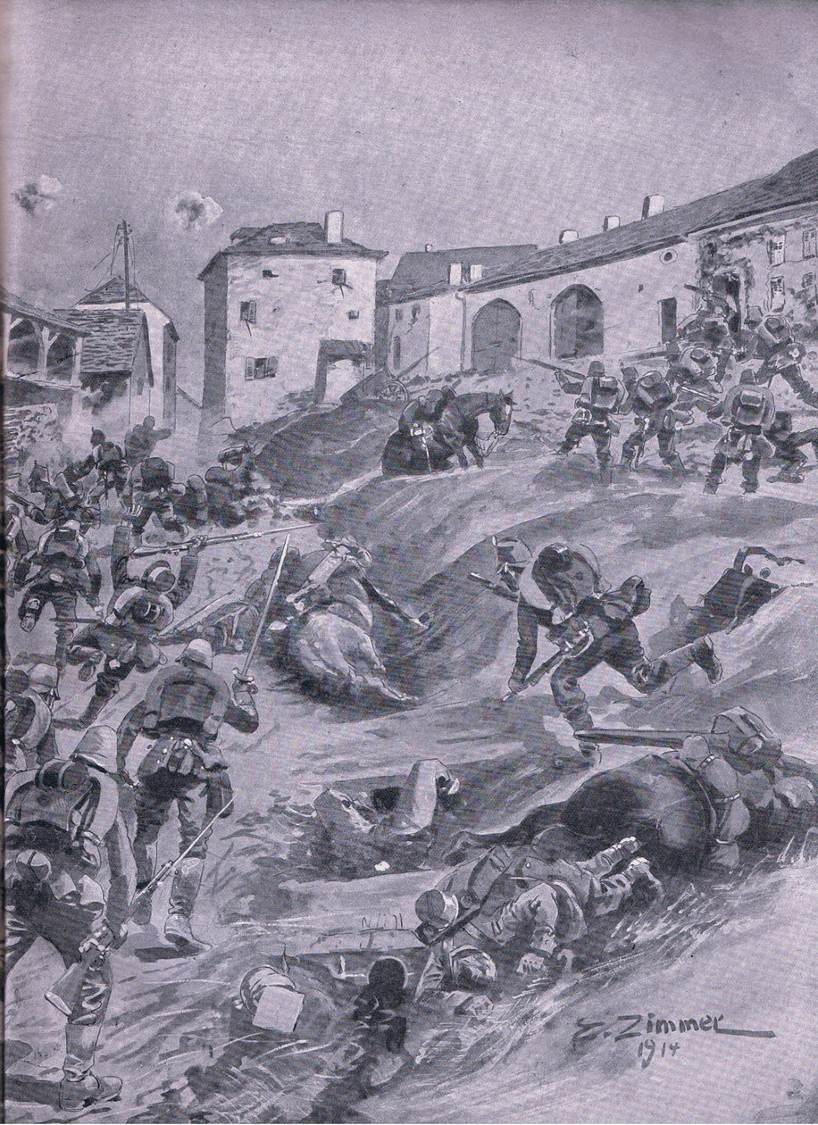 Aschaffenbergin 2. Baijerin metsästäjäpataljoona Lagardessa elokuussa 1914, The Illustrated History of the World War 1914-1915 -pubista. kirjoittanut Union Berlagsefellfchaft tekijältä Emil (after) Limmer