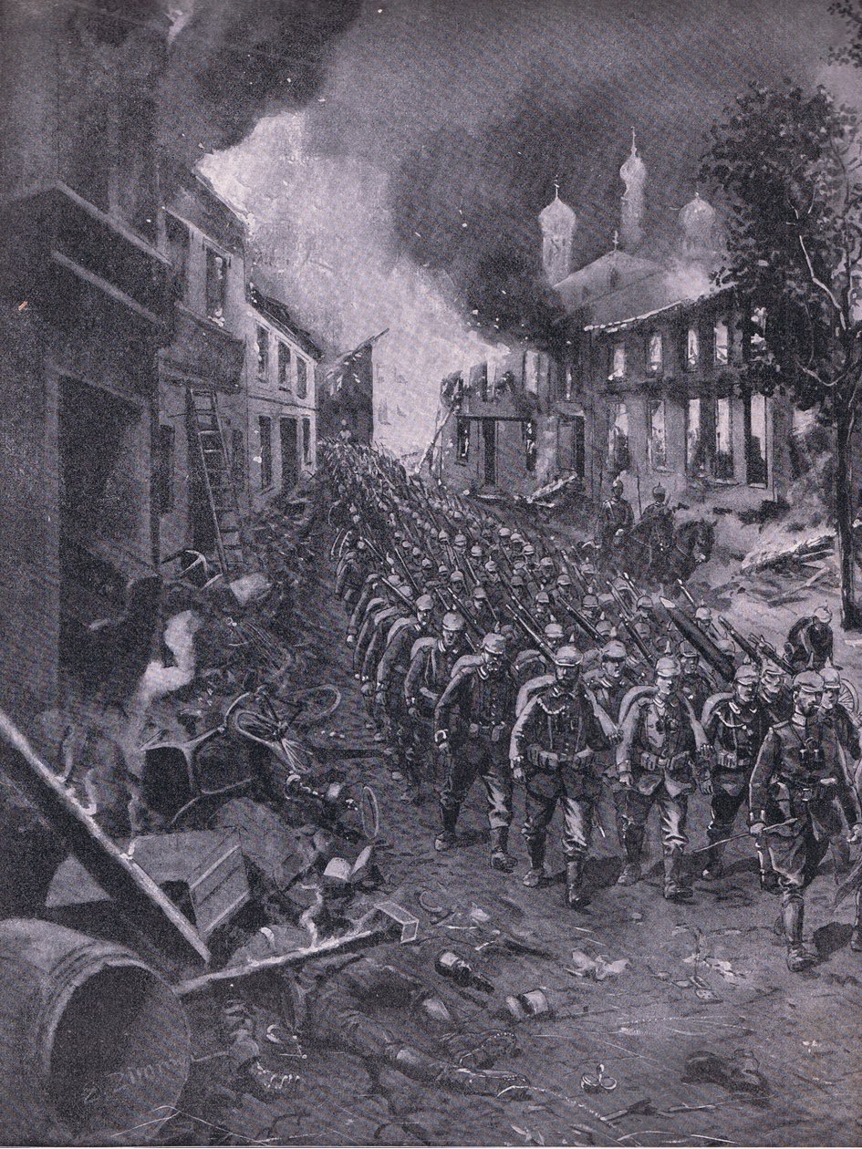 Saksalaisten joukkojen hyökkäys Brest-Litowskiin, The Illustrated History of the World War 1914-1915 -pubista. kirjoittanut Union Berlagsefellfchaft tekijältä Emil (after) Limmer