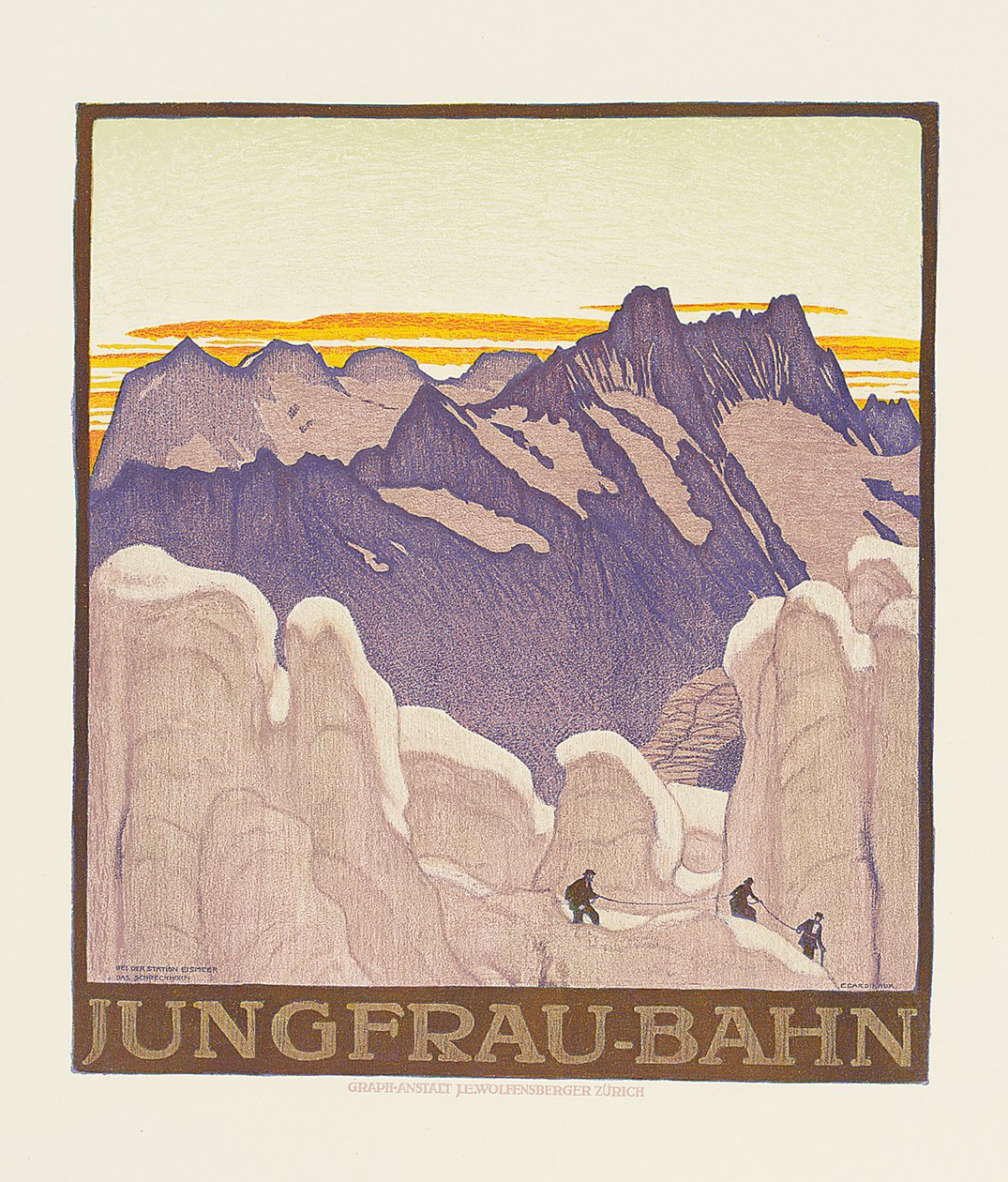Jungfrau-Bahn, juliste, joka mainostaa Jungfrau-vuoristorautatietä (värilitho) tekijältä Emil Cardinaux