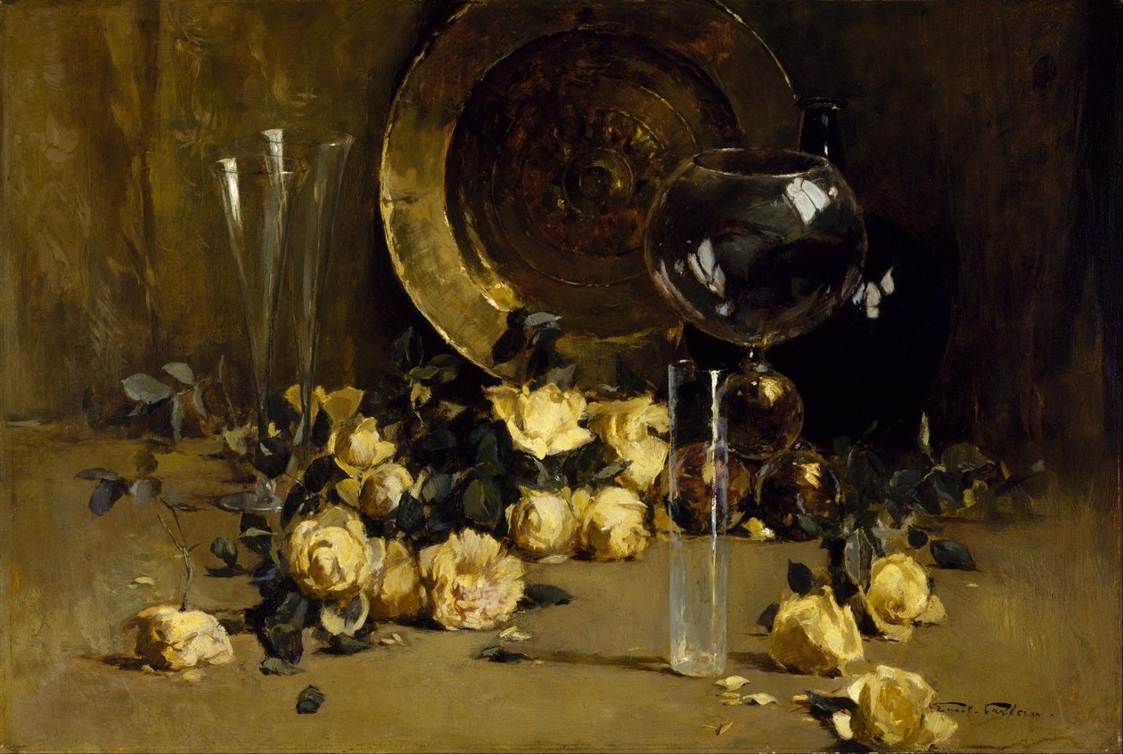 Asetelma ja keltaisia ruusuja tekijältä Emil Carlsen