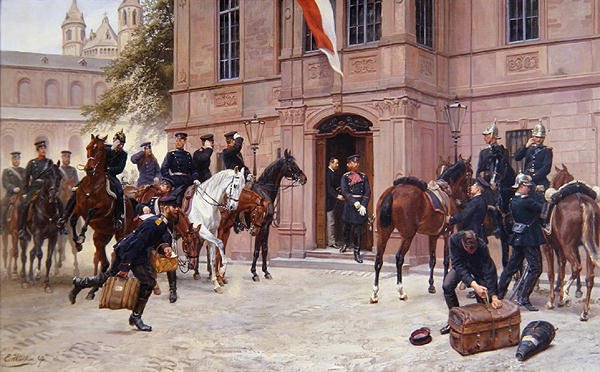 Hessen-Darmstadtin kruununprinssi Ludwig IV jättää hyvästit Cornelius Heylille ennen Schlosschenia Wormsiin, kun hän lähtee Sedanin taisteluun vuonna 1870 (öljy kankaalle) tekijältä Emil Huenten