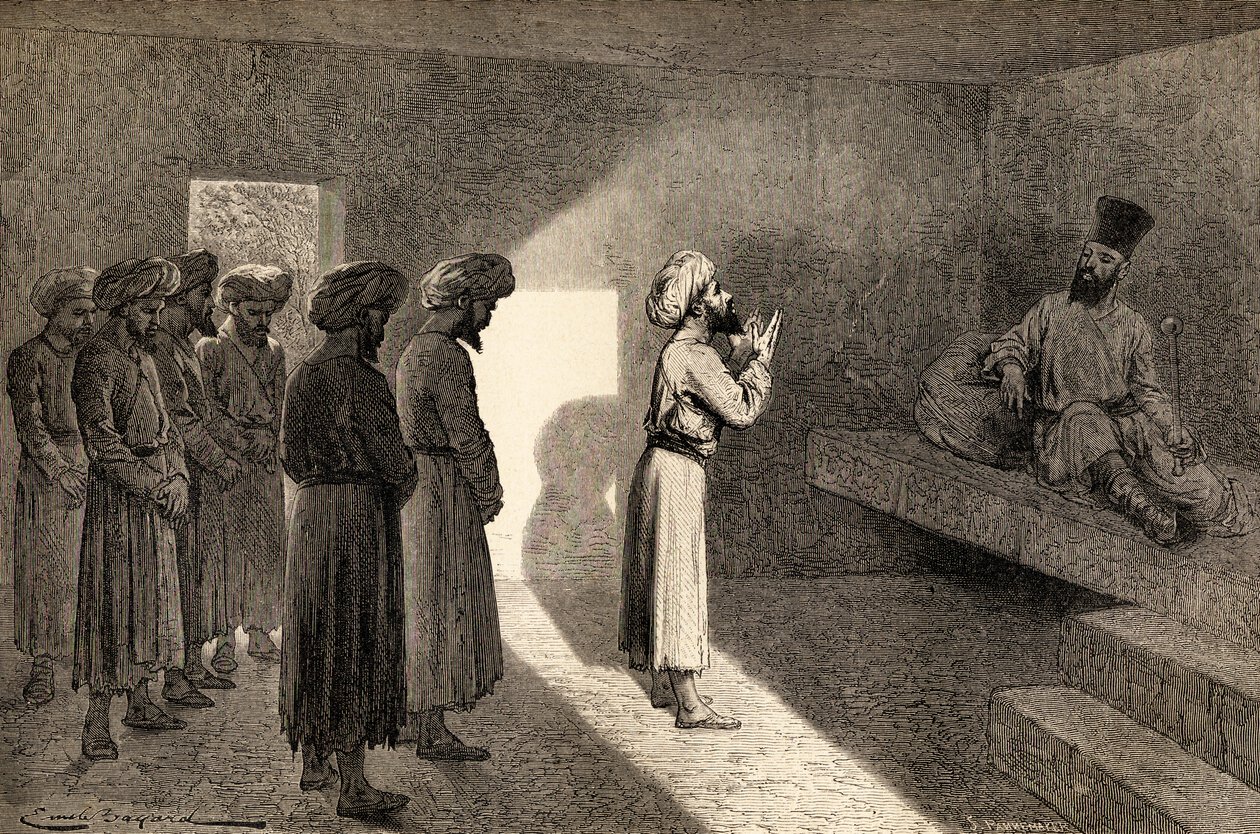Arminio Vamberyn Khivan khaani, Uzbekistan, Keski-Aasia, otti yleisöön hänen matkoillaan siellä vuonna 1863, Stephane Pannemakerin (1847) kaivertaman kuvituksen teoksesta "Maailma käsissä" tekijältä Emile Antoine Bayard
