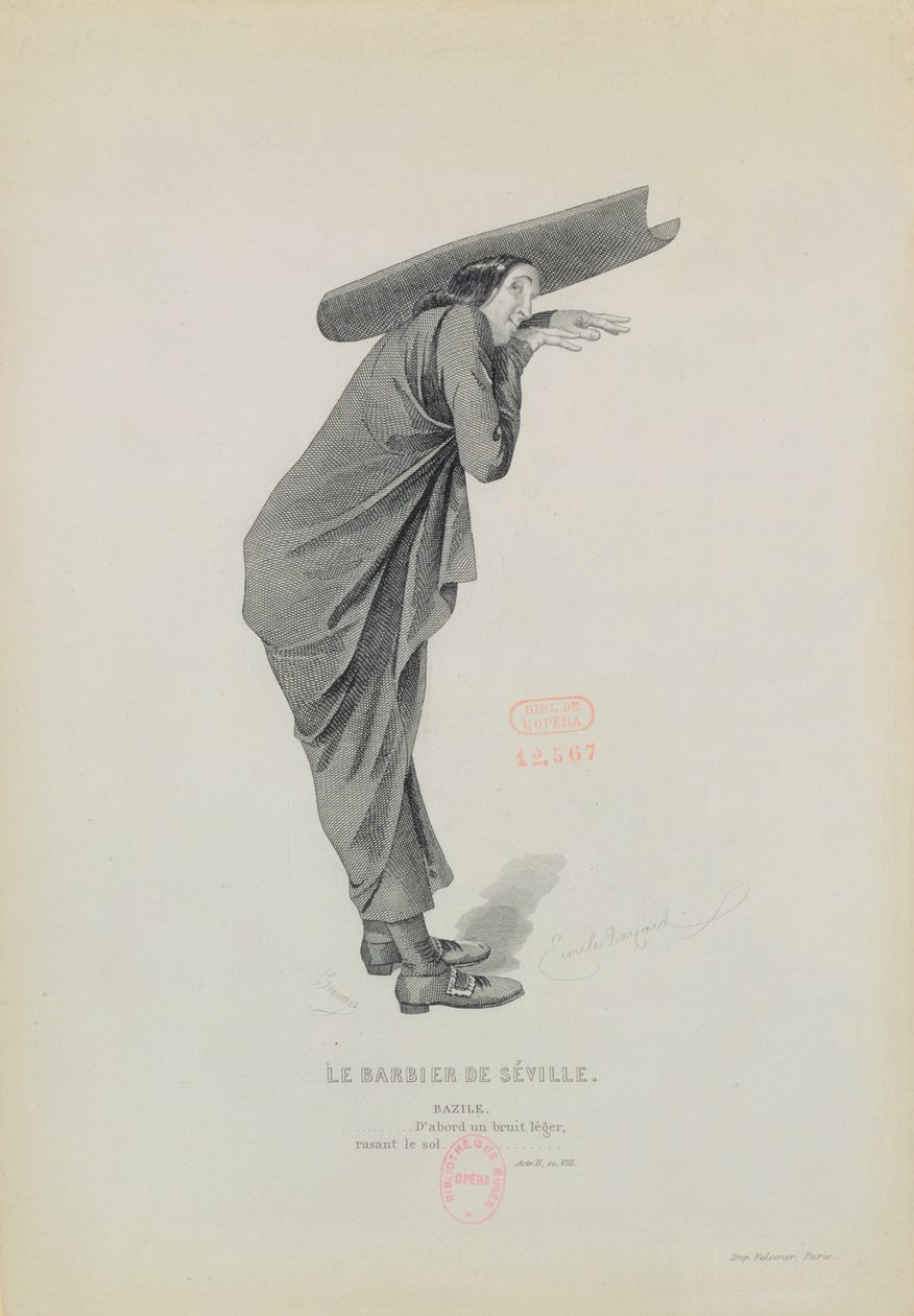Bazile, ooppera "Le Barbier de Seville", Gioachino Rossini (1792-1868) Kaiverrus: Eugene Gervais tekijältä Emile Antoine Bayard