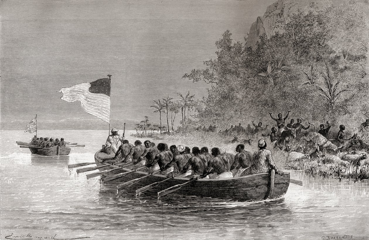 Tohtori David Livingstone ensimmäisessä veneessä, purjehtii Englannin lippua, ja Henry Morton Stanley toisessa veneessä, purjehtii Amerikan lipun alla, heidän tutkimusmatkansa aikana Afrikassa vuonna 1872, kuva julkaisusta 