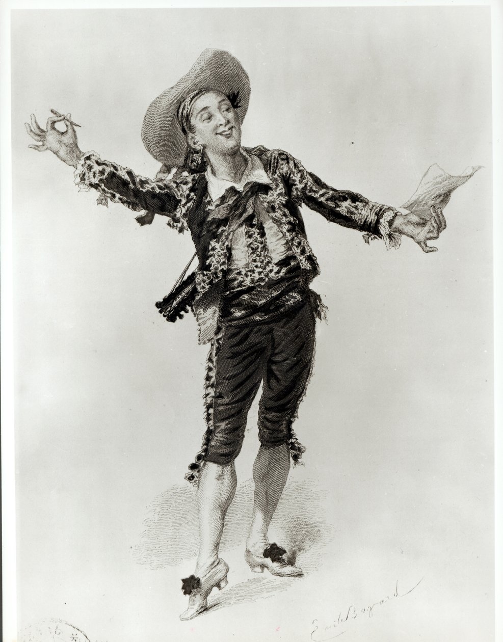 Figaro, kuvitus Pierre Augustin Caron de Beaumarchaisin (1732-99) Sevillan parturi 2. näytöksestä kaivertanut L. Wolff, 1876 tekijältä Emile Antoine Bayard