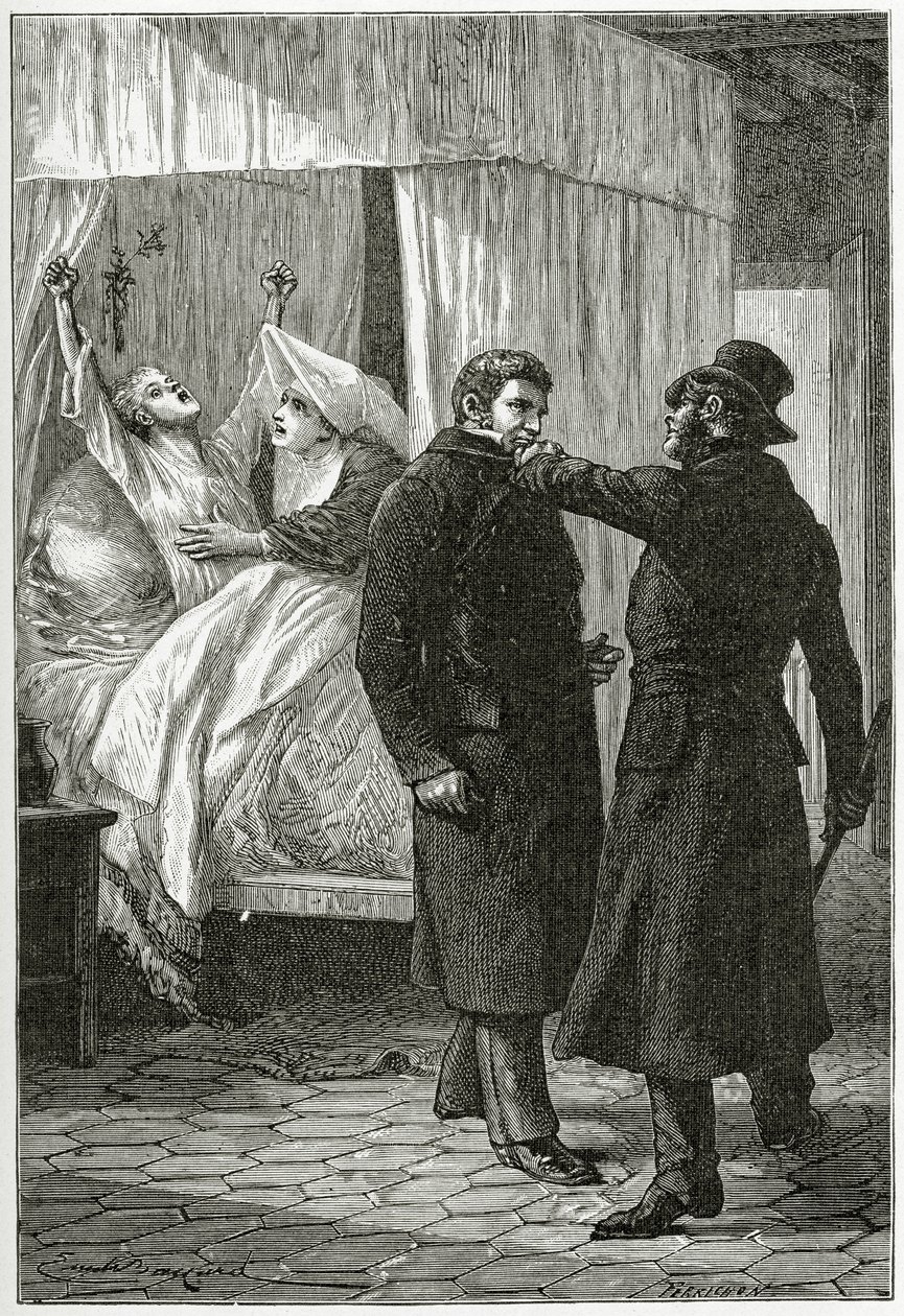 La mort de Fantine - Kuvitus teoksesta Les Misérables, 18th Century (bw-kaiverrus) tekijältä Emile Antoine Bayard