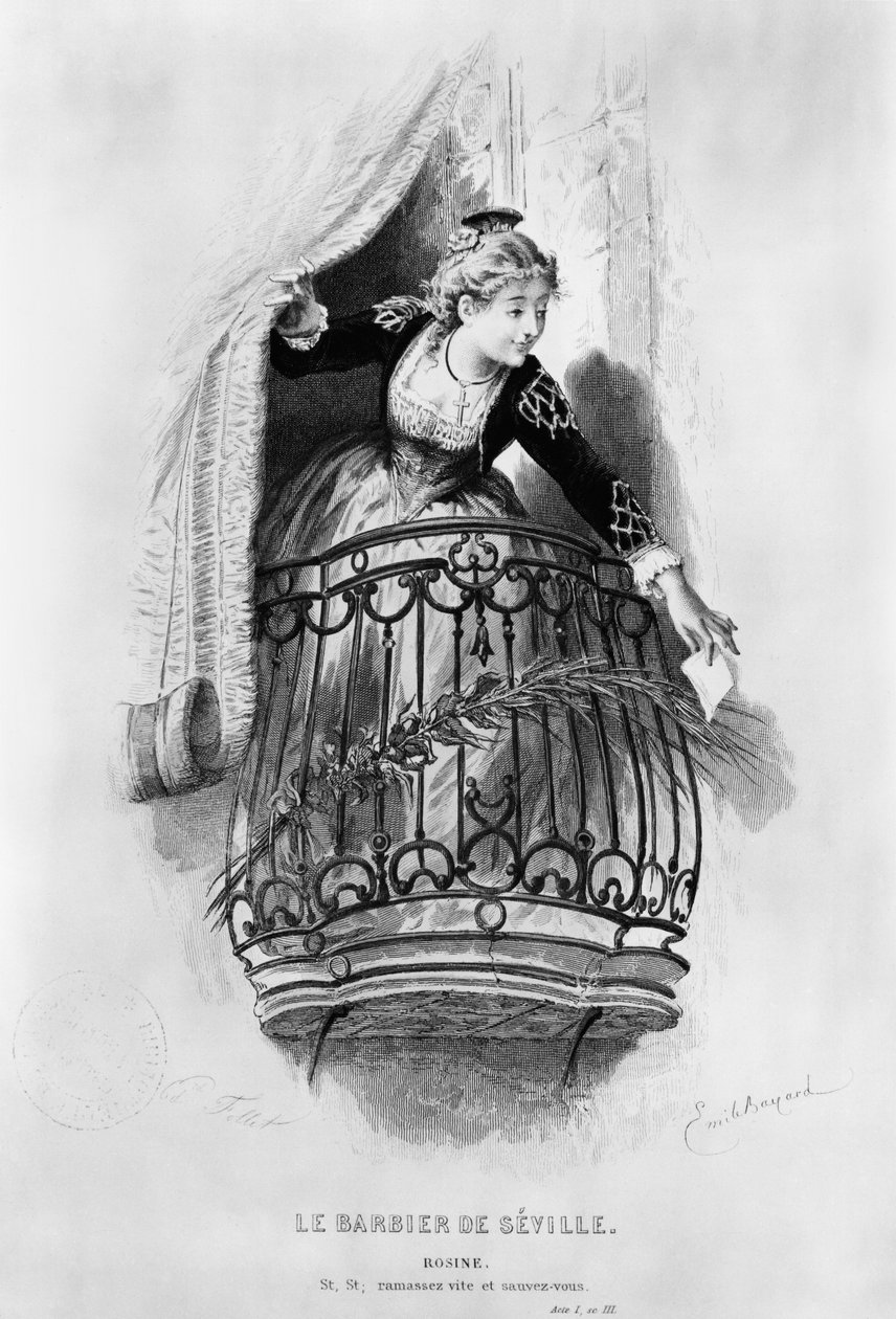 Rosine, kuvitus Pierre Augustin Caron de Beaumarchaisin (1732-99) "Sevillan parturi" 3. näytöksestä kaivertanut Fillet 1876 tekijältä Emile Antoine Bayard