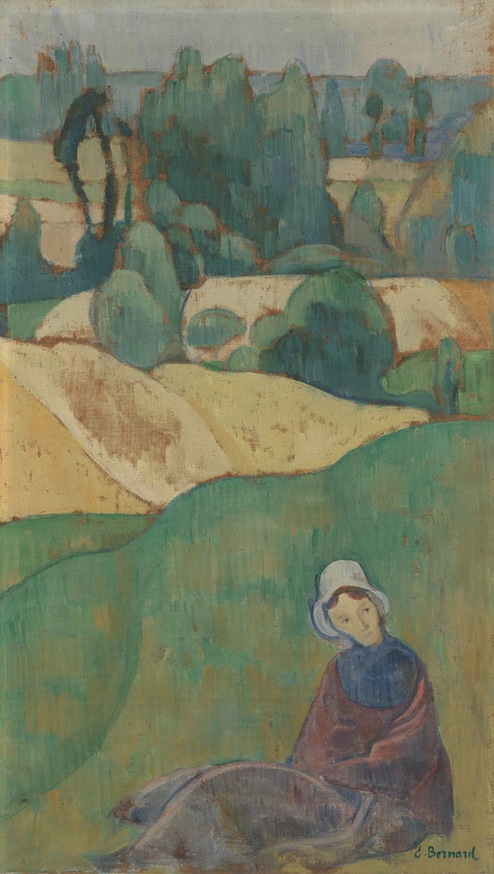 Nainen istuu pellolla tekijältä Emile Bernard