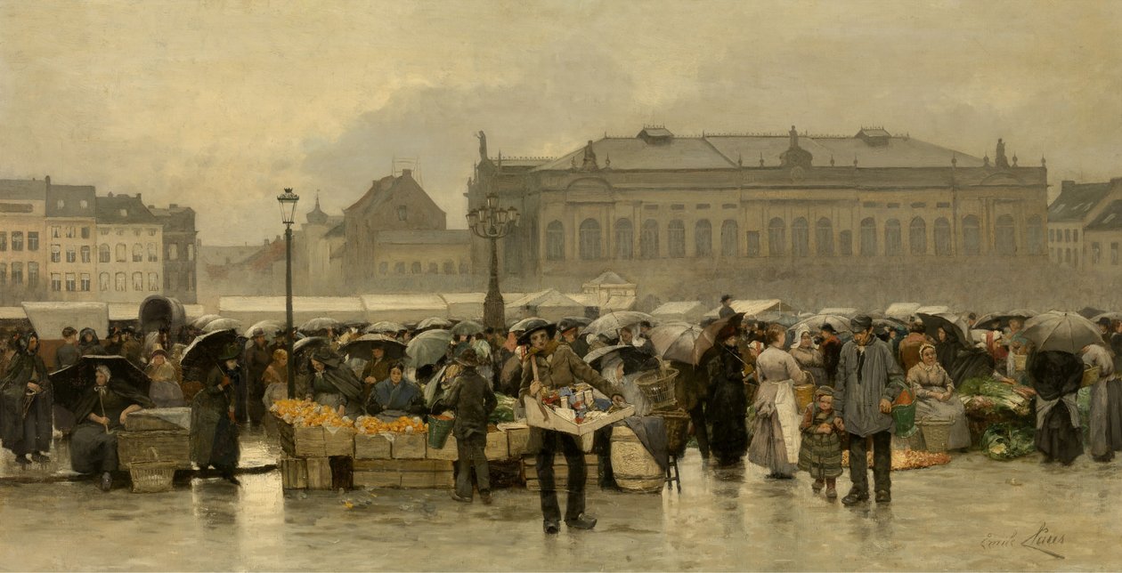 De markt voor de schouwburg Antwerpenissä tekijältä Emile Claus
