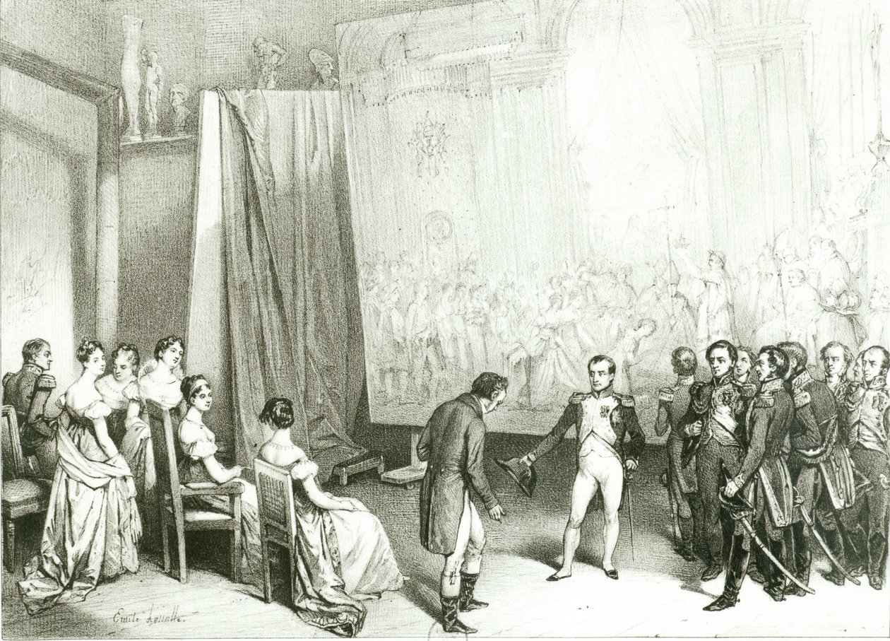 Napoleon I (1769-1821) vierailee Davidin studiossa (1748-1825), 4. tammikuuta 1808, noin 1838 tekijältä Emile Lassalle