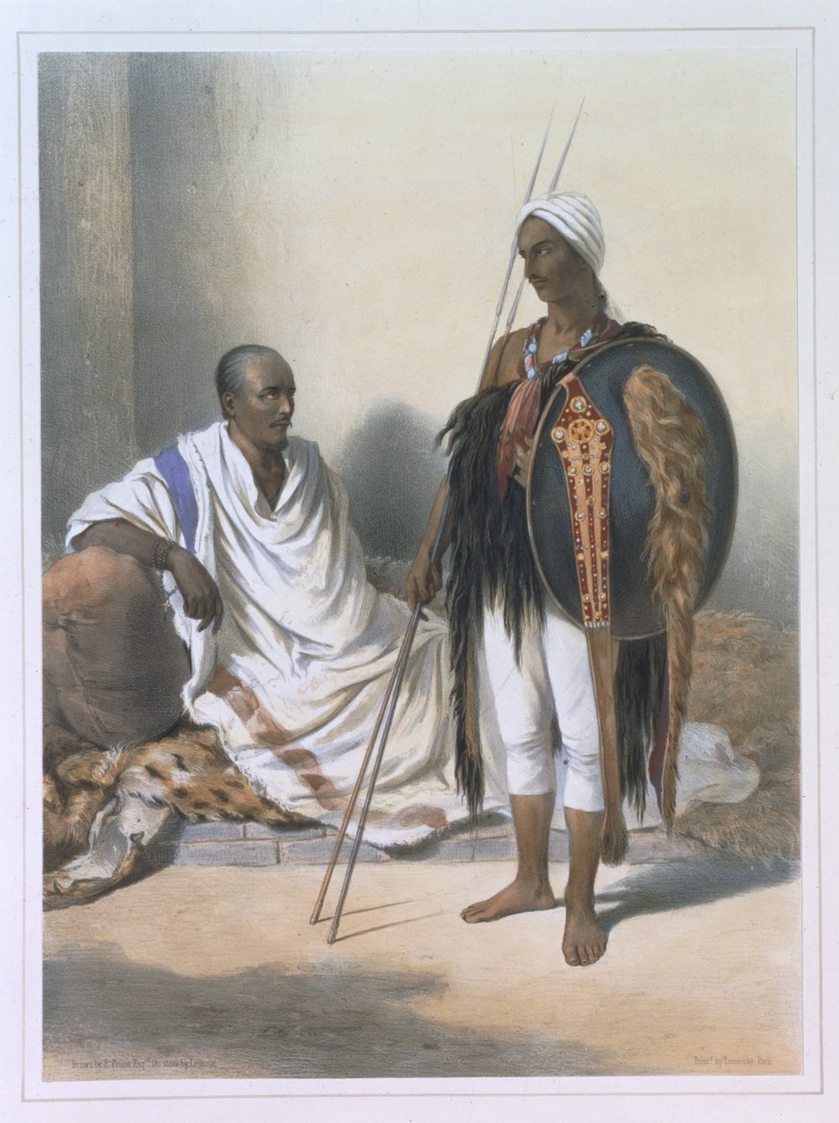 Abessinian pappi ja soturi, kuva "Niilin laaksosta", kaivertanut Lemoine, pub. Lemercier, 1848 tekijältä Emile Prisse d