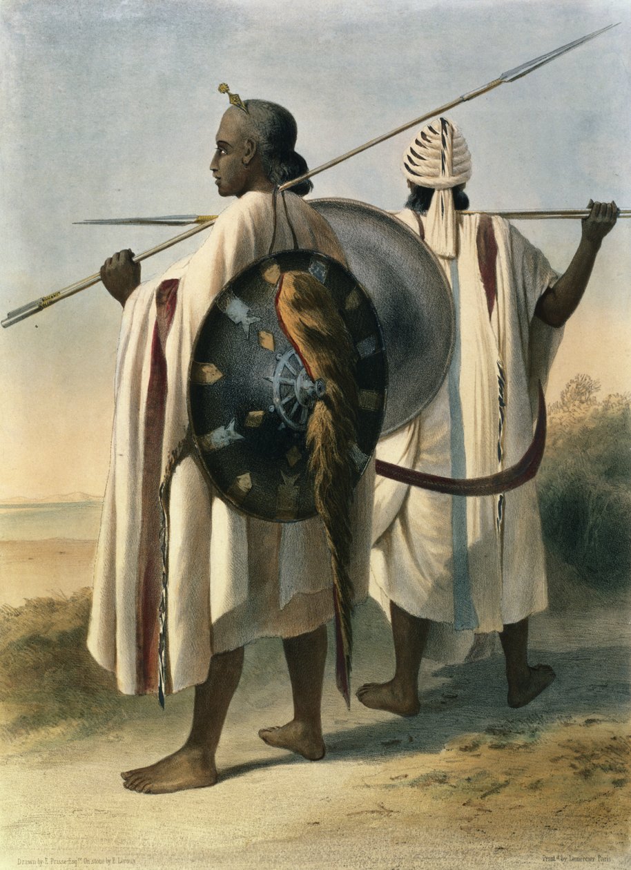 Abessinian Warriors, kuva "Niilin laaksosta", kaiverrus Eugene Le Roux (1807-63) pub. Lemercier, 1848 tekijältä Emile Prisse d