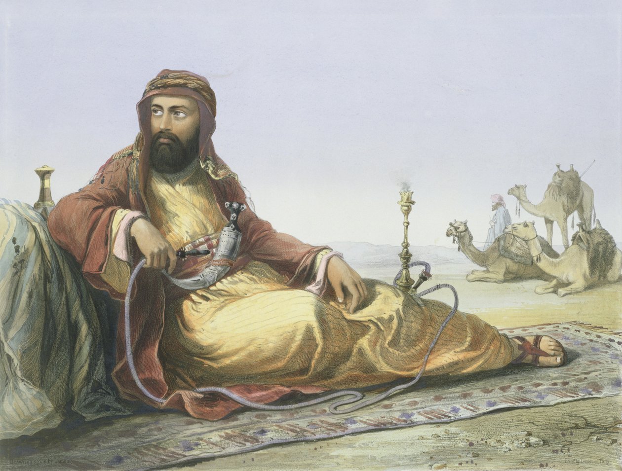 Arabi lepää autiomaassa, nimilehti "Niilin laaksosta", kaiverrus Lemoine, pubi. Lemercier, 1848 tekijältä Emile Prisse d