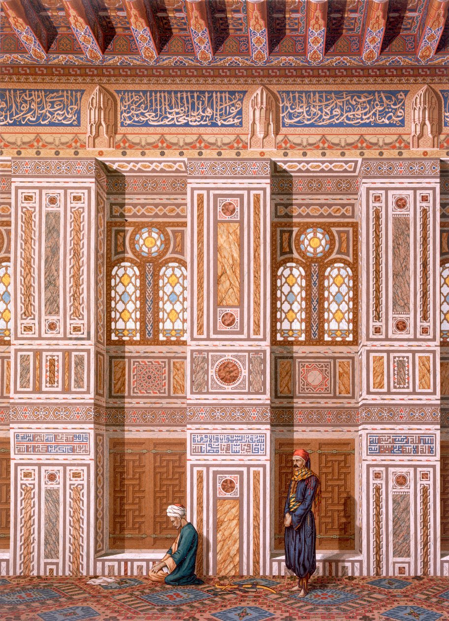 Kairo: Qaitbayn moskeijan sisätilat; palvojat rukoilevat Mihrabin sivuseinällä 1400-luvulla, 1800-luvulla (chromolitho) tekijältä Emile Prisse d