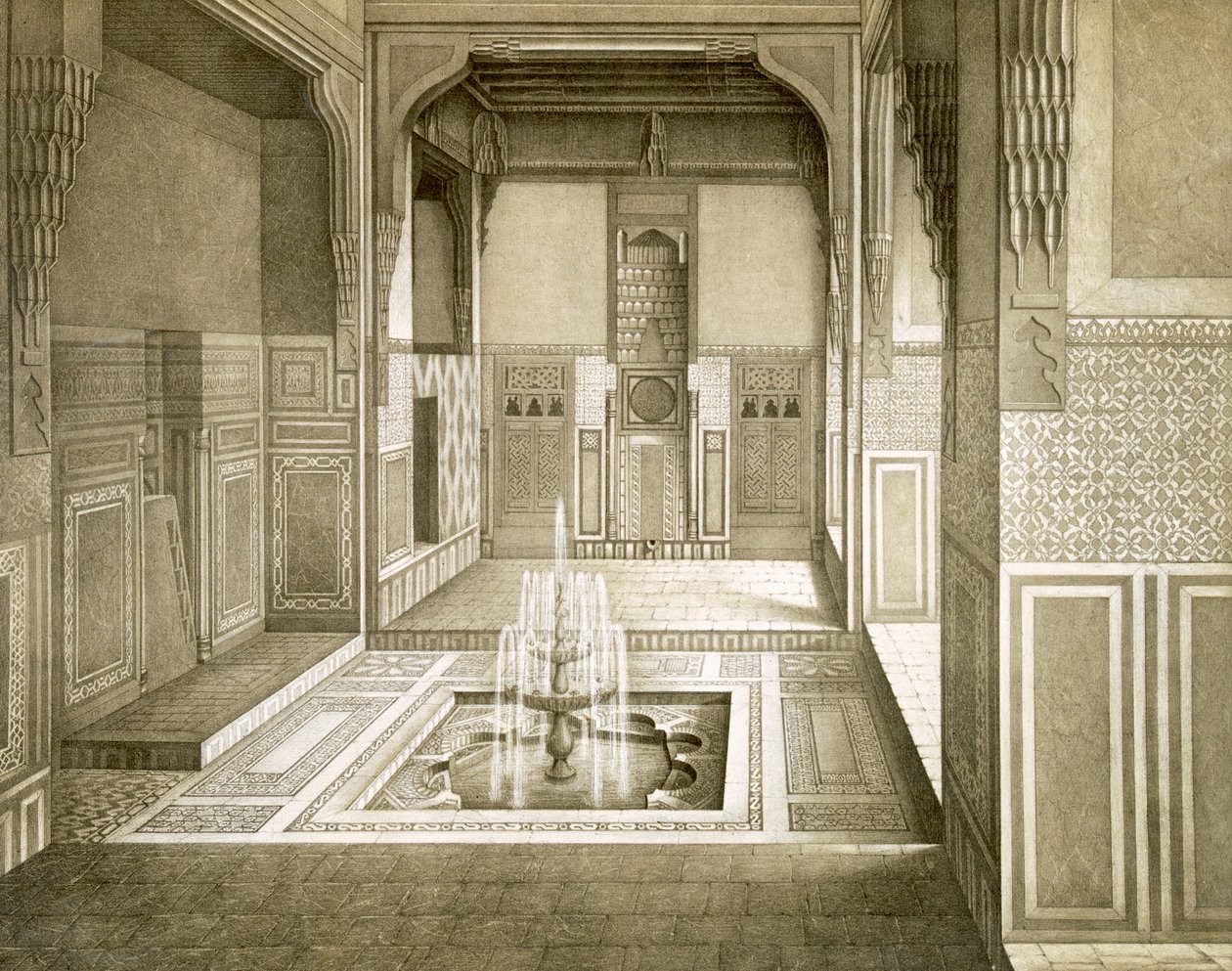 Kairo: Mandarah: Vastaanottohuone, pohjakerros, uima-allas ja suihkulähde, 1800-luku tekijältä Emile Prisse d