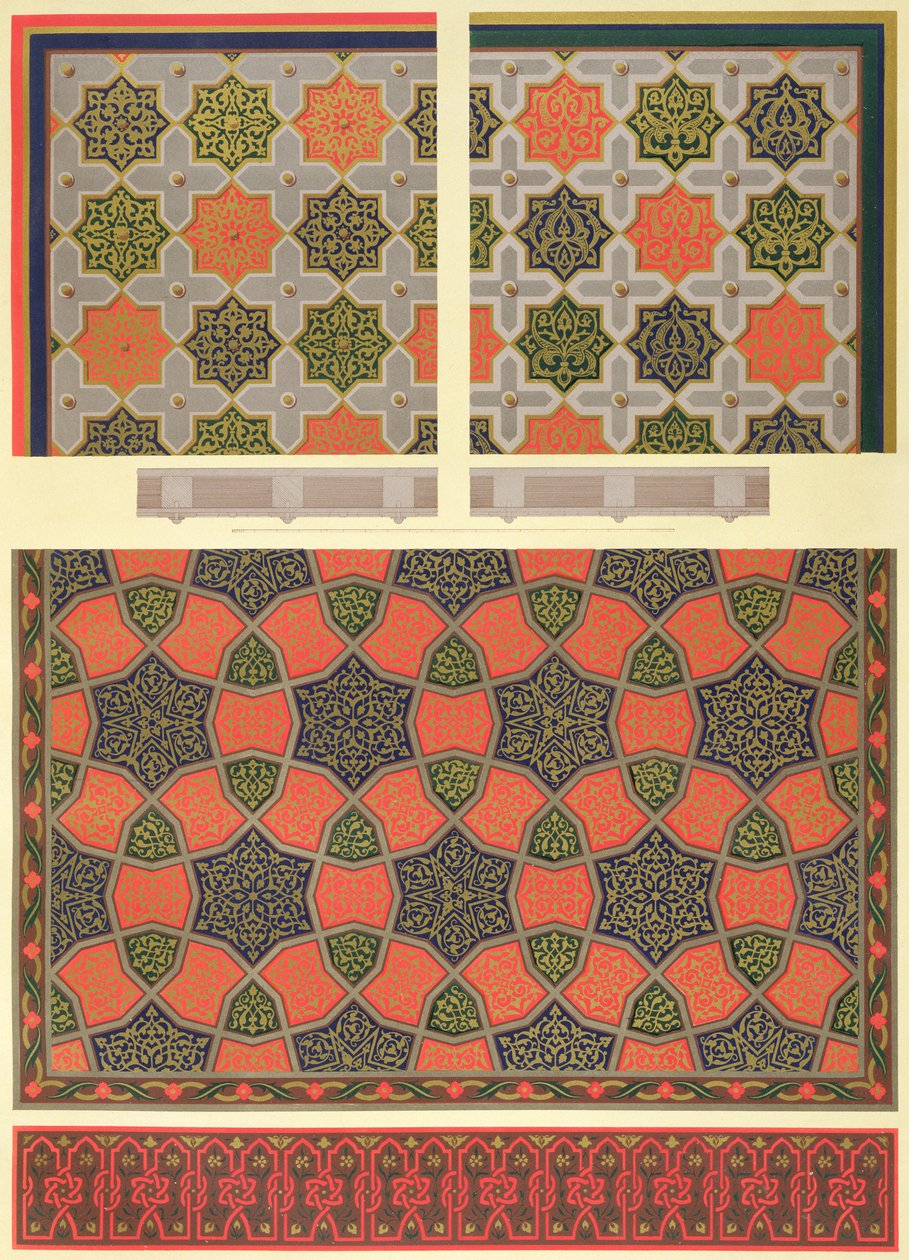 Beyt El-Tchelebyn talon kattokoristelu, teoksesta "Arab Art as Seen Through the Monuments of Cairo from the 7th Century to the end of the 18th Century", kaiverrettu Lemoine ja Schmidt, julkaisu "Arab Art as Seen Through the Monuments of Cairo from the 7th  tekijältä Emile Prisse d