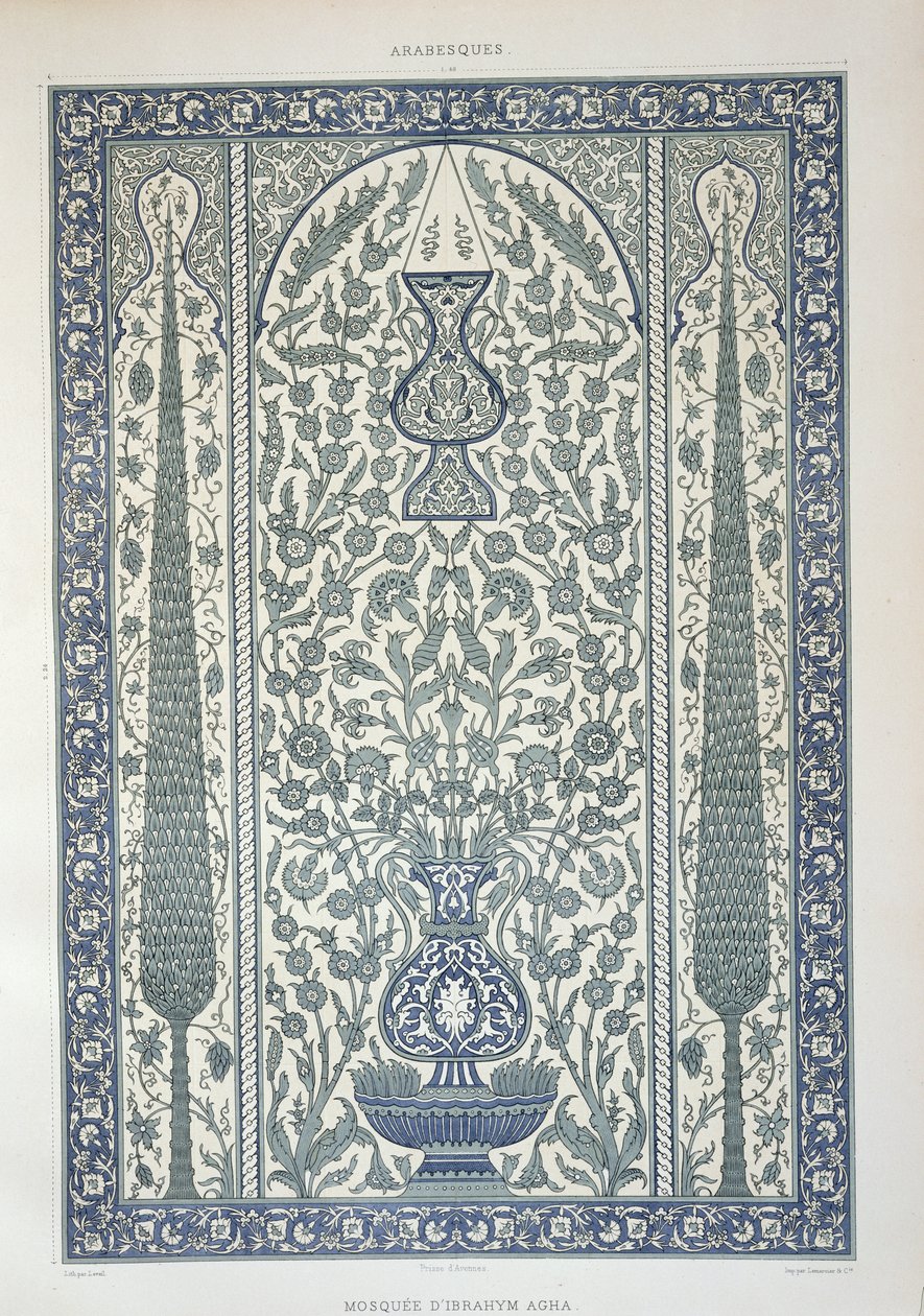 Suunnittelu Ibrahym Aghan moskeijasta, "Arabitaiteesta Kairon monumenttien läpi 700-luvulta 1700-luvun loppuun", Marchandin kaivertama, julkaistu 1877 tekijältä Emile Prisse d