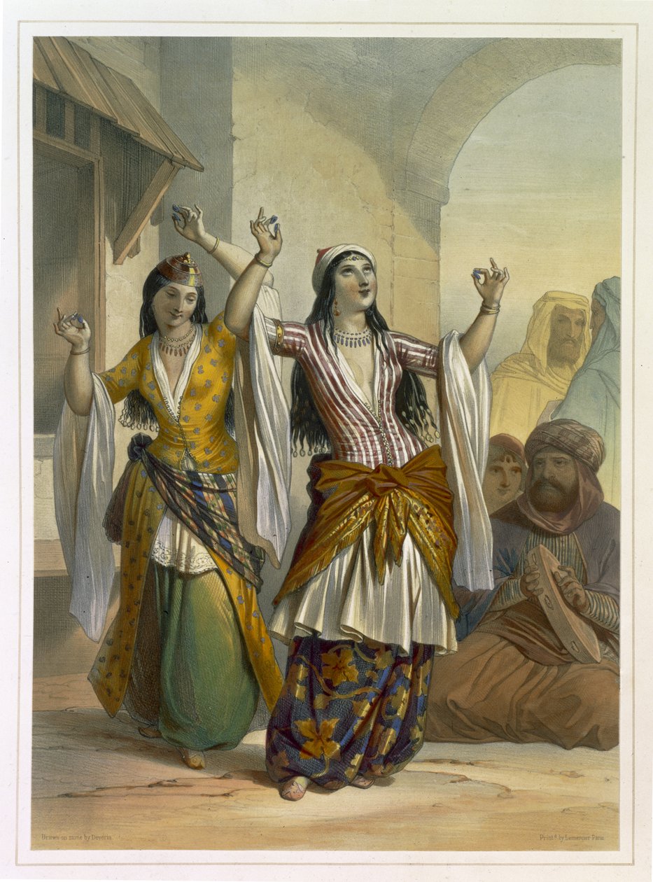 Egyptiläiset tanssitytöt esittämässä Ghawazia Rosettassa, kuva Niilin laaksosta, kaivertanut Achille Deveria (1800-57) pubi. Lemercier, 1848 tekijältä Emile Prisse d
