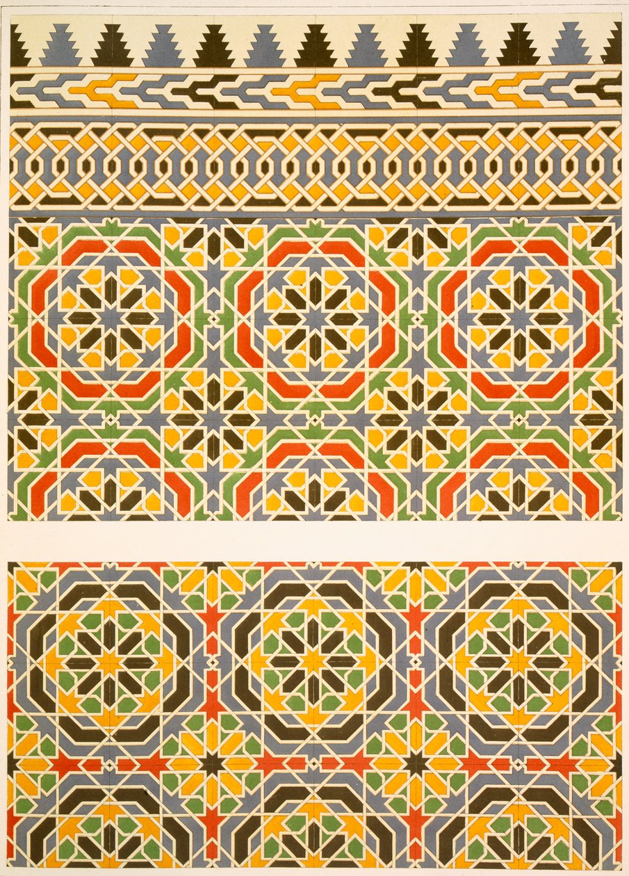 Geometrinen keraaminen (Fajansi) koristelu Cheykhounin moskeijasta, 1800-luku (painettu) tekijältä Emile Prisse d