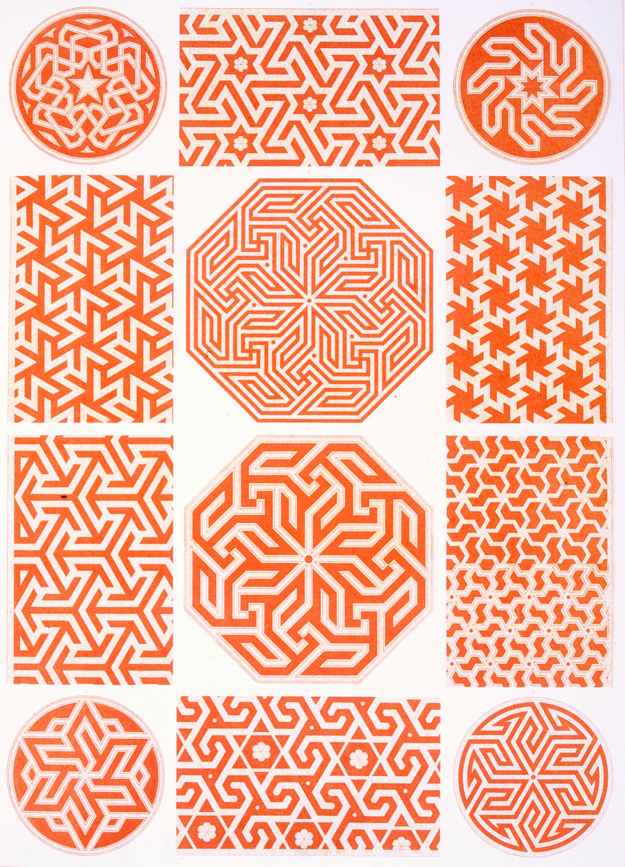 Stukkokoristelu: erilaisia geometrisia kuvioita, 1800-luku (printti) tekijältä Emile Prisse d