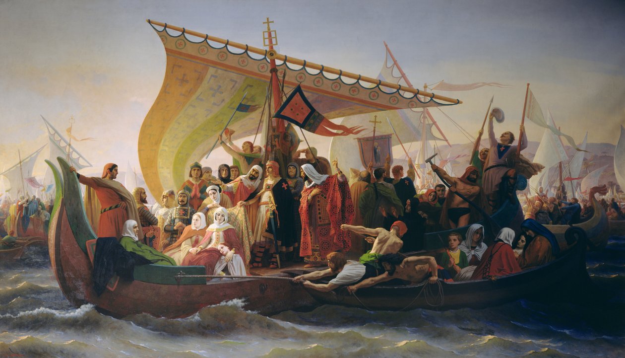 Godfrey of Bouillon (n. 1060-1100) ja hänen veljensä Baldwin ylittivät Bosporin vuonna 1097, 1854 tekijältä Emile Signol
