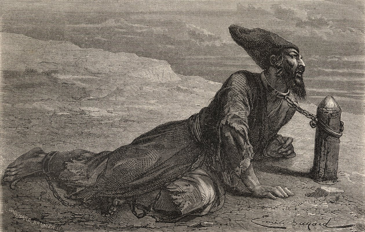 Turkissa vankeudessa pidetty persialainen orja, kuvitus teoksesta "Maailma käsissä", Gauchard-Brunierin kaivertama, julkaistu 1878 (kaiverrus) tekijältä Emile Antoine (after) Bayard