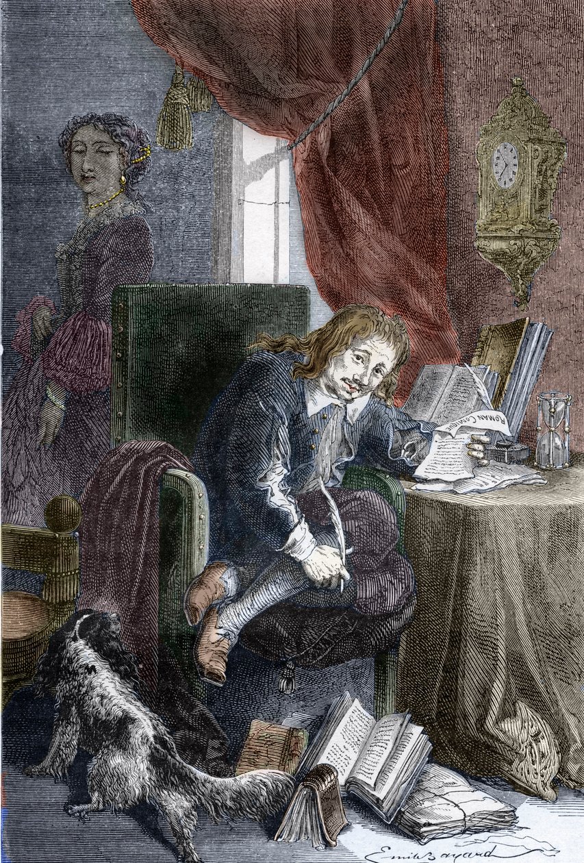 Ranskalaisen kirjailijan Paul Scarronin (1610-1660) muotokuva burleskikomedioiden kirjoittajasta, hän on edustettuna vammaisella tuolilla, hänen vaimonsa Francoise d