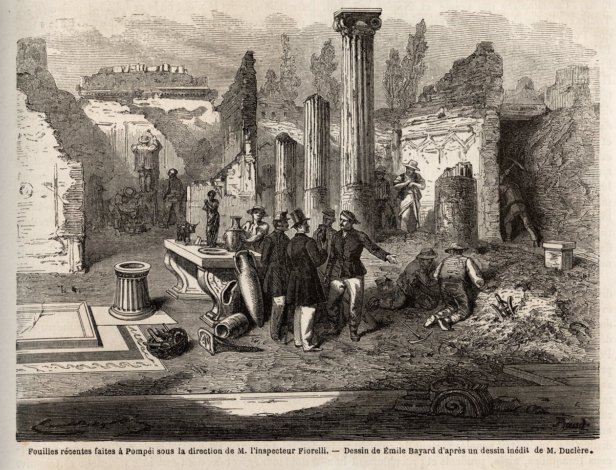 Pompejin kaivaukset, tarkastaja Fiorellin johdolla, kuvitus teoksesta "Pompei et les Pompeiens", Edouard Charton tekijältä Emile Antoine (after) Bayard