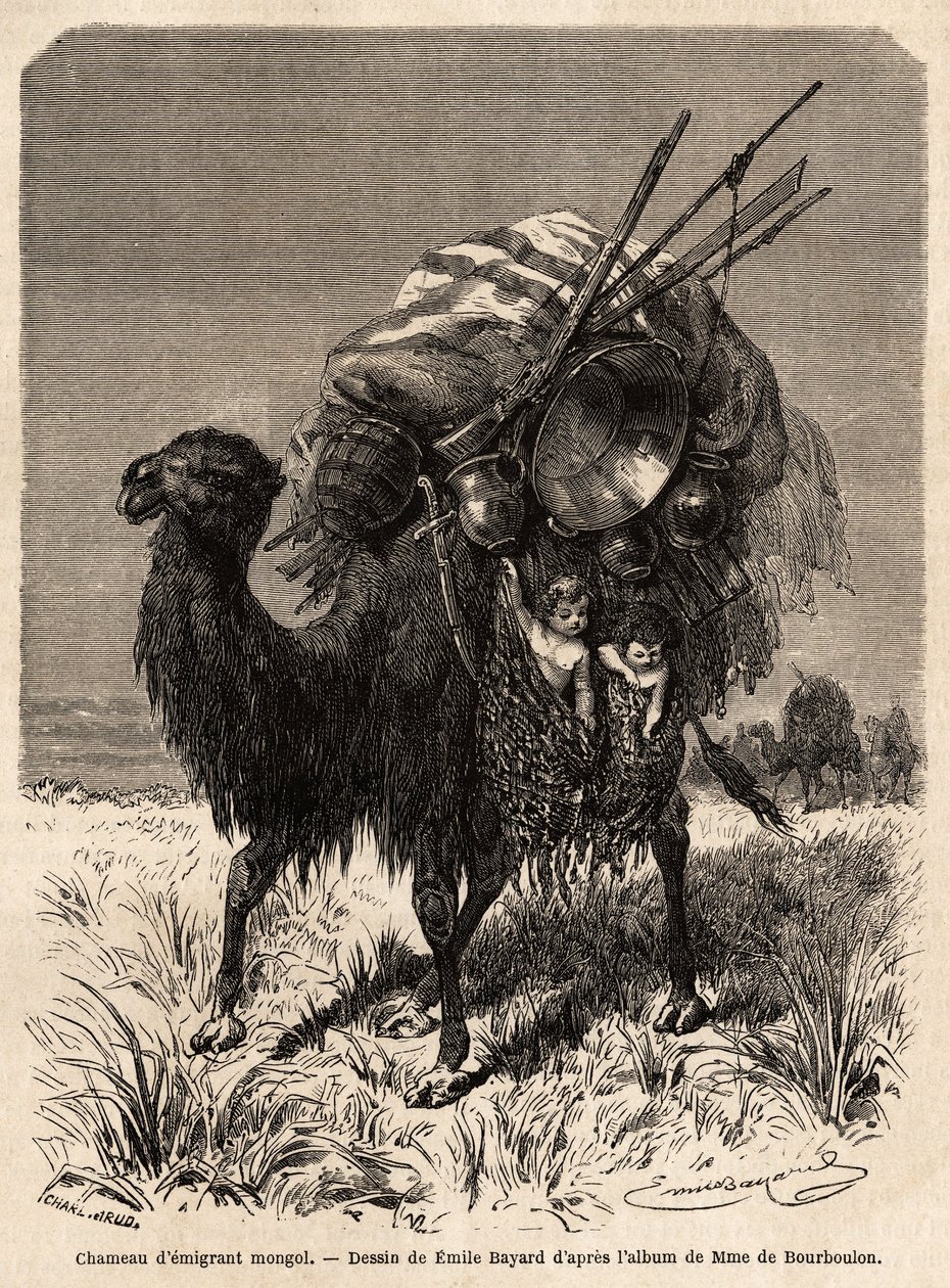 Mongolialainen emigranttikameli kantaen eväitä, erilaisia ruokailuvälineitä, mattoja, peittoja ja teltan rungon puuta sekä pieniä lapsia riippukoreissa. Emile Bayardin (1837-1891) piirros havainnollistamaan matkaa Shanghaista Moskovaan, vuodesta 1859 t tekijältä Emile Antoine Bayard